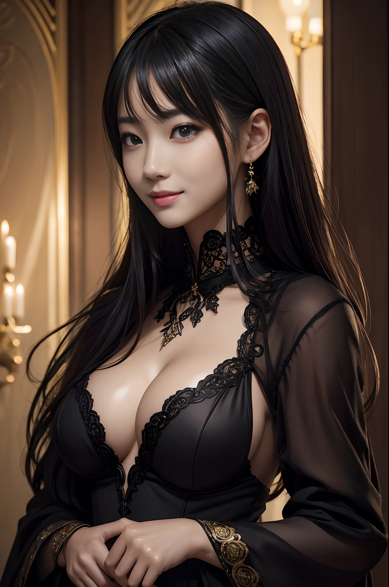 8K,超A high resolution、masterpiece、top-quality、 extra detailed face、Realistic Skin Detailed Eyes、Very complex and、Perfect shiny shiny skin、Perfect litthing、detailed lighting、Dramatic shadows、Ray traching、 1 With Big Breasts、The upper part of the body、Black sheath、looking at the viewers、a smile,sexy expression,