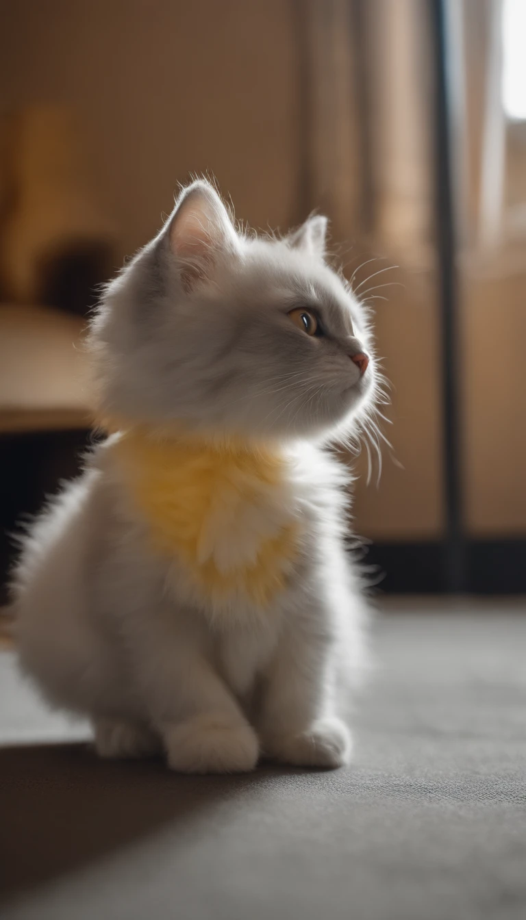 Um gato mesclado cinza escuro, olhos amarelo, peludo, Angora breed, bonito, Looking at camera, Estilo Tamagochi, estilo mochi, Estilo 3D, 8k, 4k, disco Rigido, Plano de fundo claro, estilo chibi