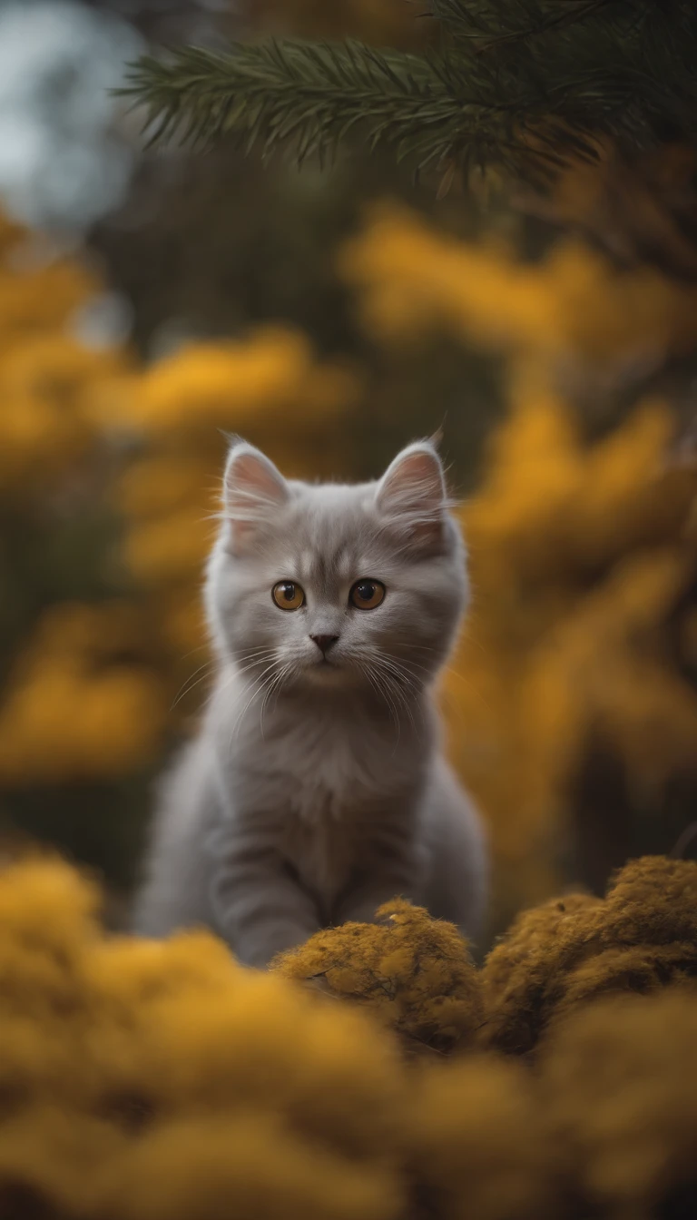 Um gato mesclado cinza escuro, olhos amarelo, peludo, Angora breed, bonito, Looking at camera, Estilo Tamagochi, estilo mochi, Estilo 3D, 8k, 4k, disco Rigido, Plano de fundo claro, estilo chibi