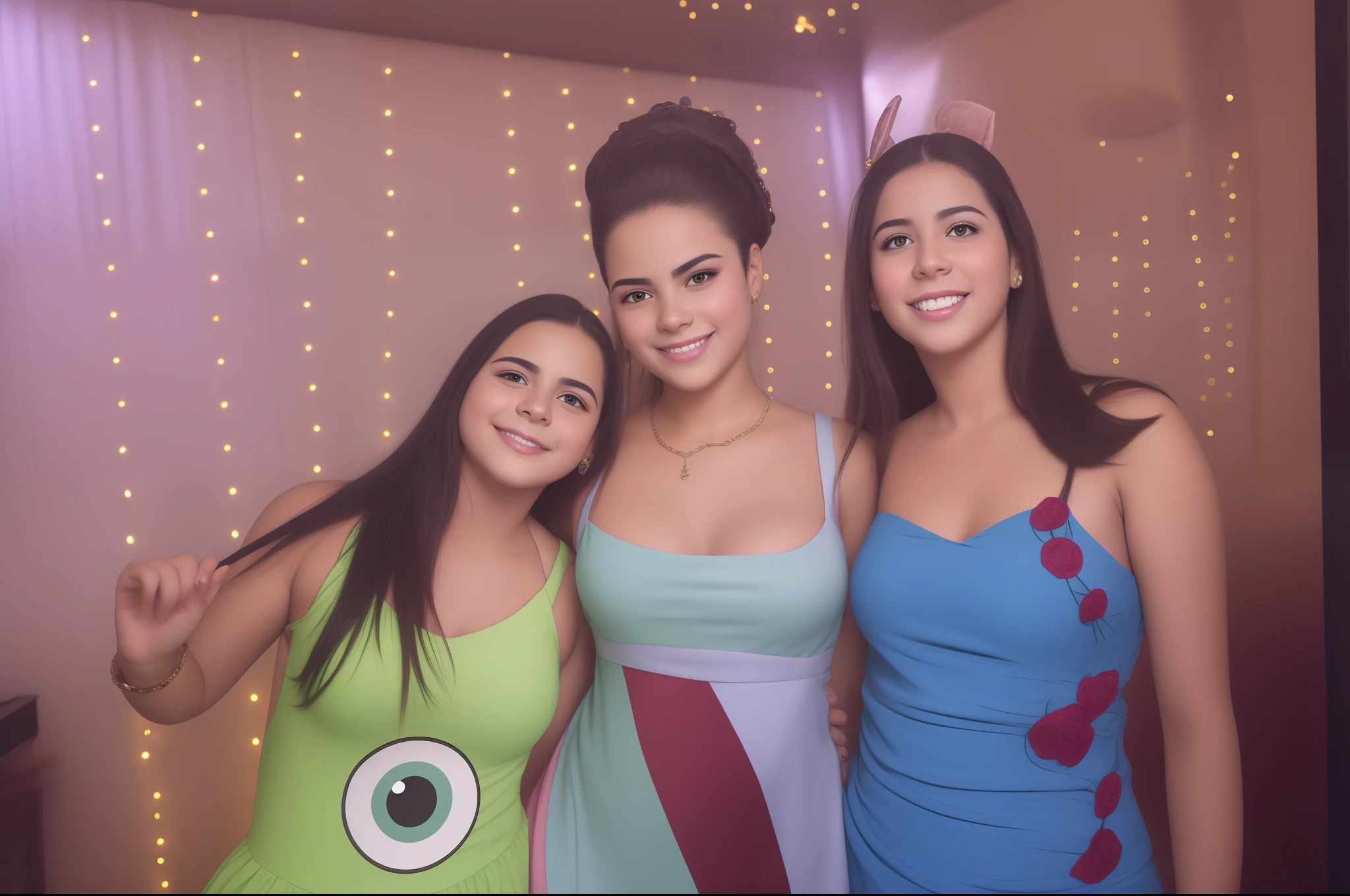 Three costumed women posing for a photo in a bedroom, !5 three eyed goddesses, fantasy themed, Monstros em segundo plano, editing, monstros inc, Trajes, fotografia do evento, usando um vestido extravagante, Three Eye Goddesses, dia das bruxas, Tiro no meio, Meio - tiro, Fotografia tirada em 2 0 2 0, estilo toy story, foto 85mm