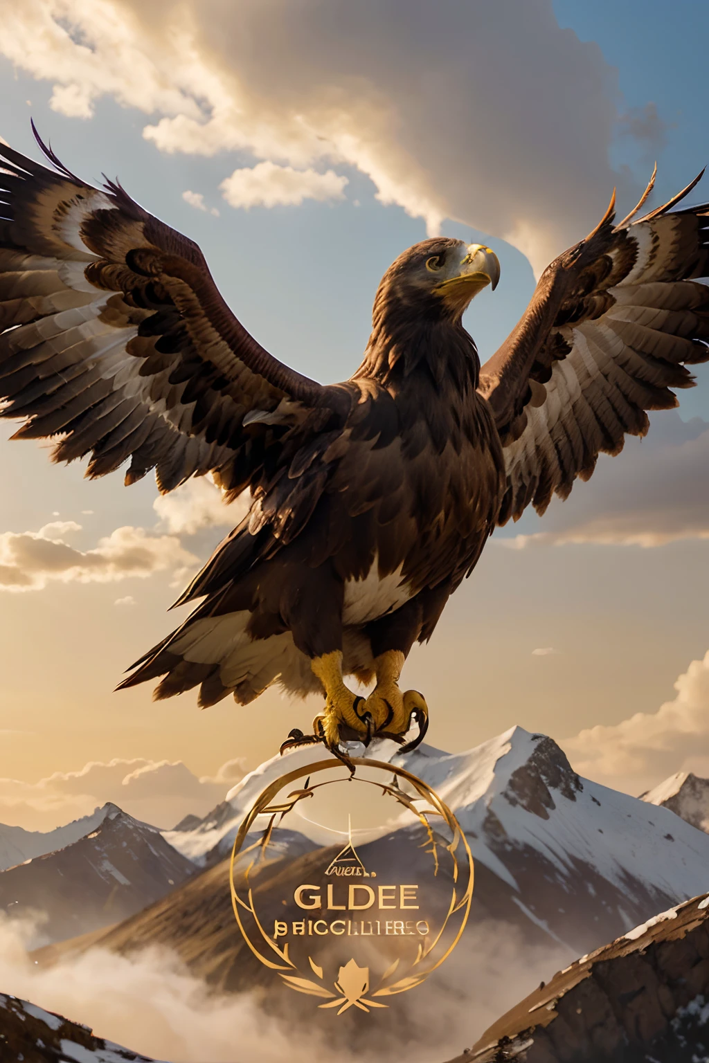 create a circular image of a piercing-looking golden eagle with its wings spread forward to represent the logo of a high-converting leadership audiobook by the name of Successful Leader