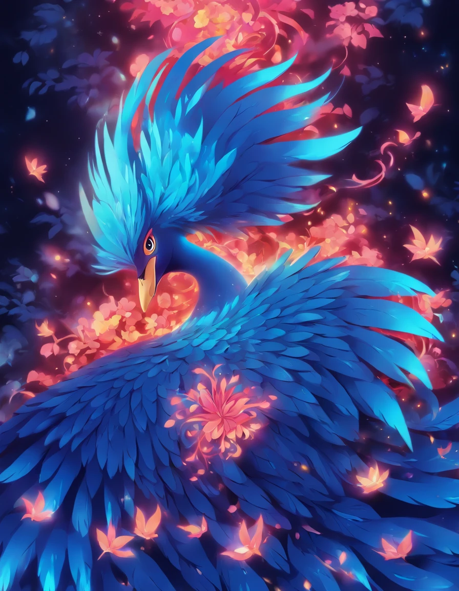 「Make an illustration of a blue phoenix, saindo de uma flor, rosa vermelha」