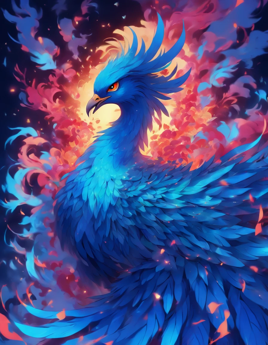 「Make an illustration of a blue phoenix, saindo de uma flor, rosa vermelha」