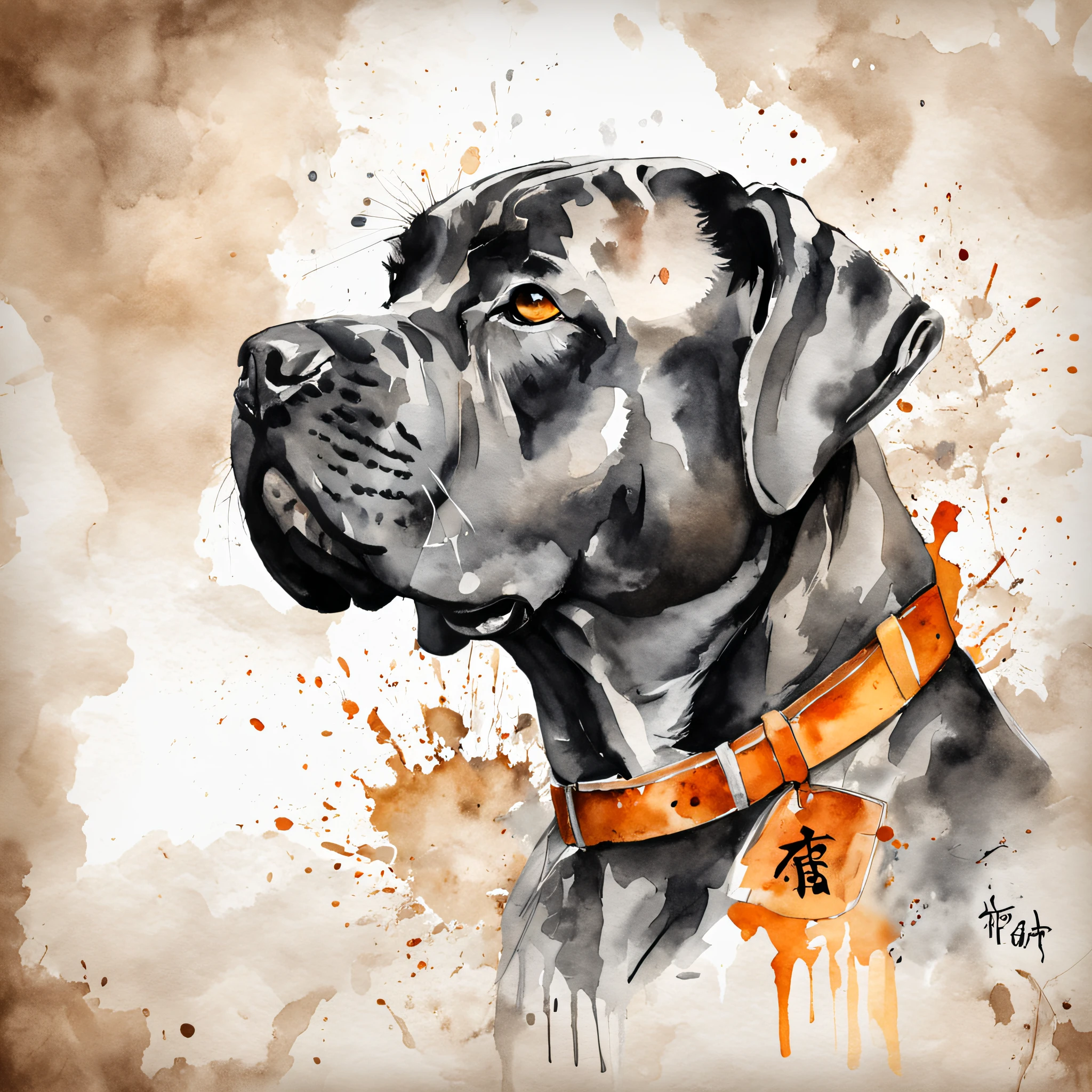 Arte de tatuagem de cane corso realista cinza preto busto, com (((olhos alaranjados))) Displays an ink splash sketch effect ,de boca aberta, ele parecia muito feroz e zangado,Classical Chinese art style