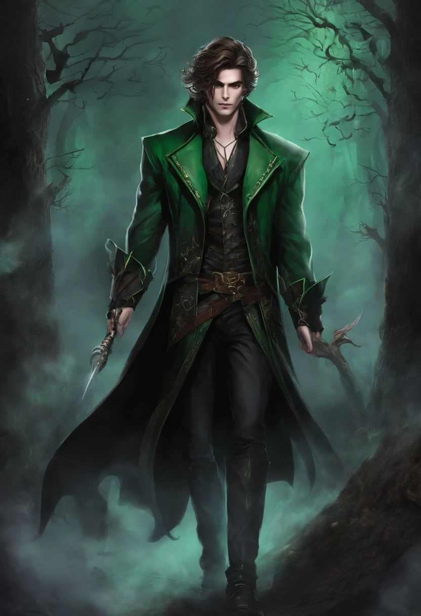 Solo male, tall, late 20's, handsome, elf, happy, relaxed, vampire, shaggy hair, pointy ears, fangs, brown hair, green cloak, druid, surrounded by smoke, lots of smoke, walking with a thick oak staff