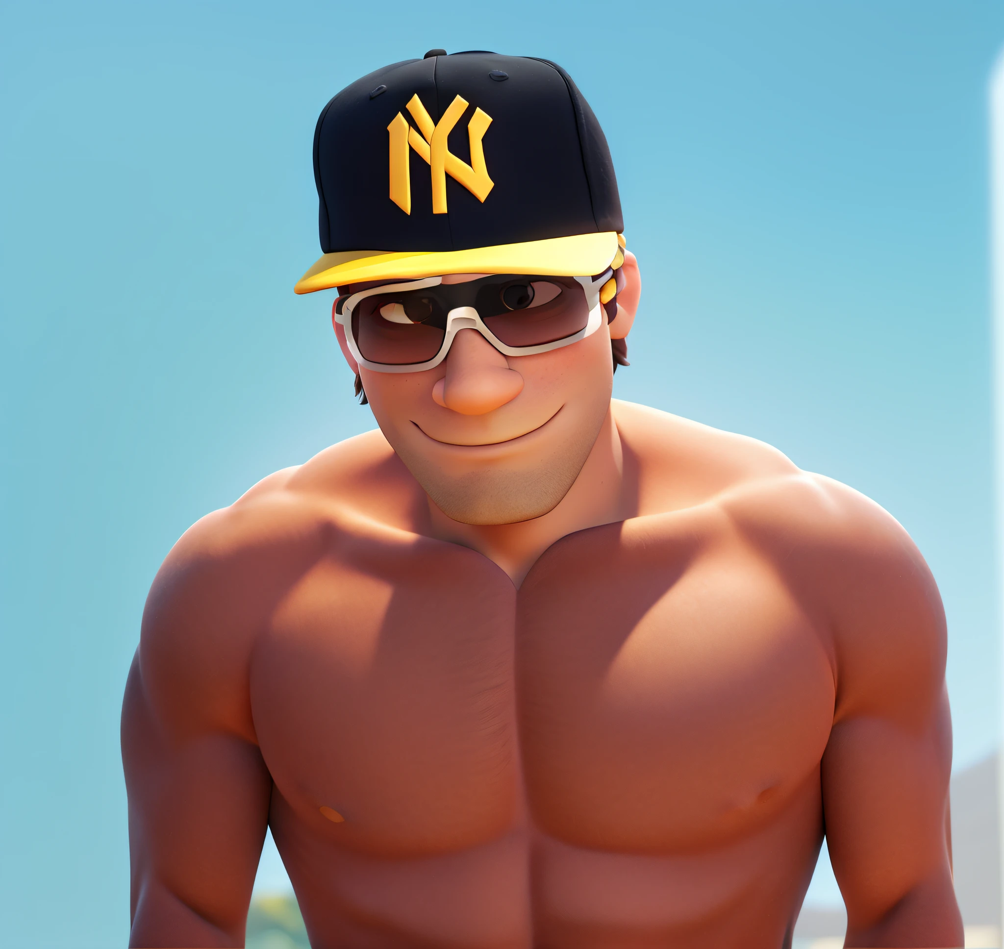 Imagem estilo pixar, A serious man without a brunette smile with sunlight reflecting on his body, ombros largos, Defined and muscular chest with black cap with yellow brim on the head, Wearing black sunglasses dazzled without showing eyes, alta qualidade, melhor qualidade