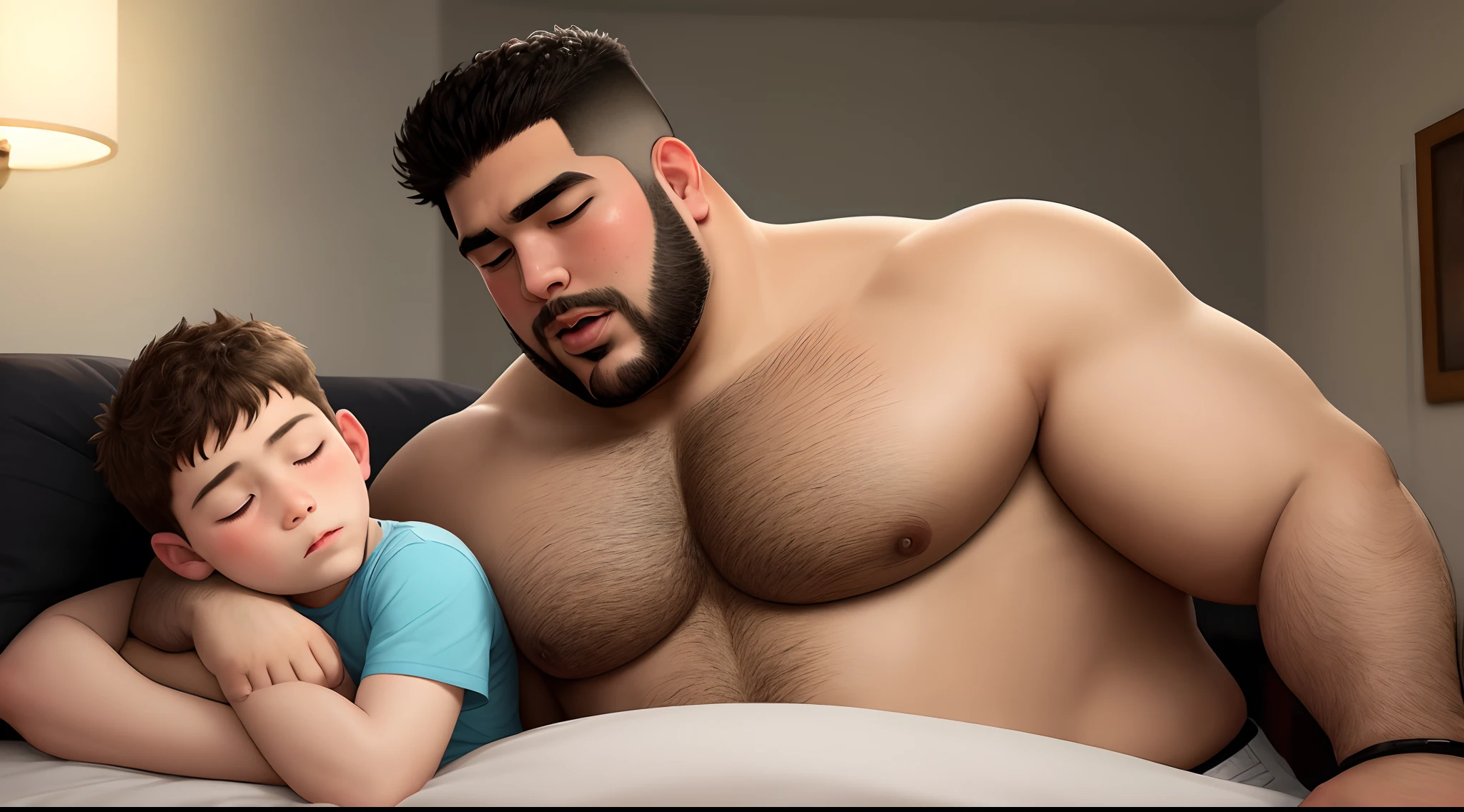 big  latino man sticking  into sleeping boy