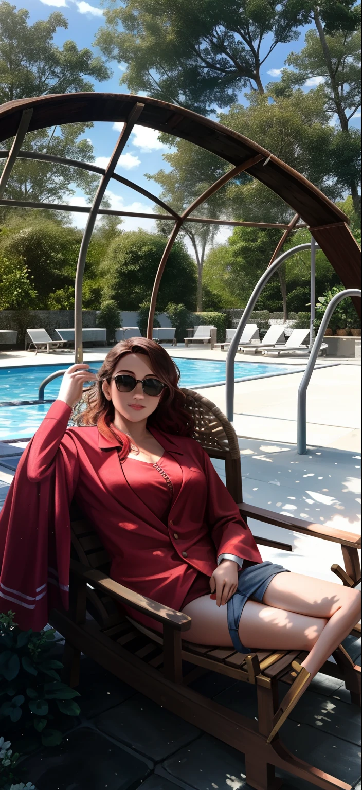 mulher sentada em uma cadeira com uma jaqueta vermelha em, sentado na piscina, sentado no jardim, in a sun lounger, vacation photo, ao lado de uma piscina, ao sol, sentado em cadeira extravagante, sitting on a rocking chair, foto de retrato, Foto POV, bloqueando o sol, retrato 4 / 3, imagem de perfil, Sitting by the Pool