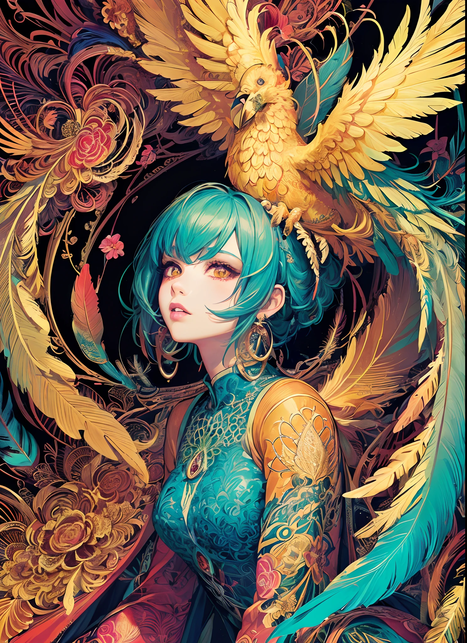 (masterpiece, top quality, best quality, official art, beautiful and aesthetic:1.2), (1girl:1.3), extremely detailed,(fractal art:1.1),(colorful:1.1)(flowers:1.3),highest detailed,(zentangle:1.2), (dynamic pose), (abstract background:1.3), (shiny skin), (many colors:1.4), ,(earrings), (feathers:1.5) , (Flamethrower:1.3),red background,Phoenix dress,