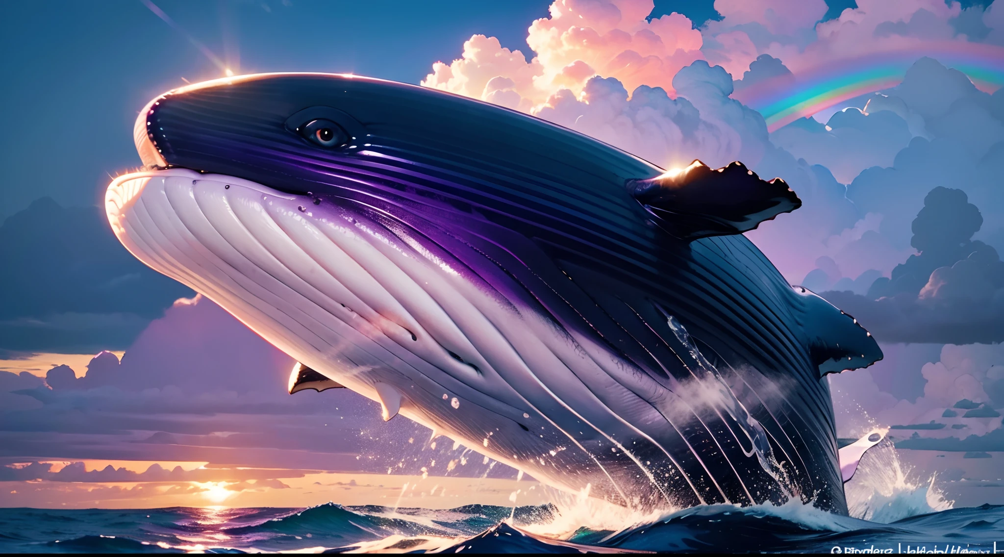 Cloud Whale, deep purple skin with a rainbow gloss, pinkish purple clouds cover finds and fluke, humpback whale