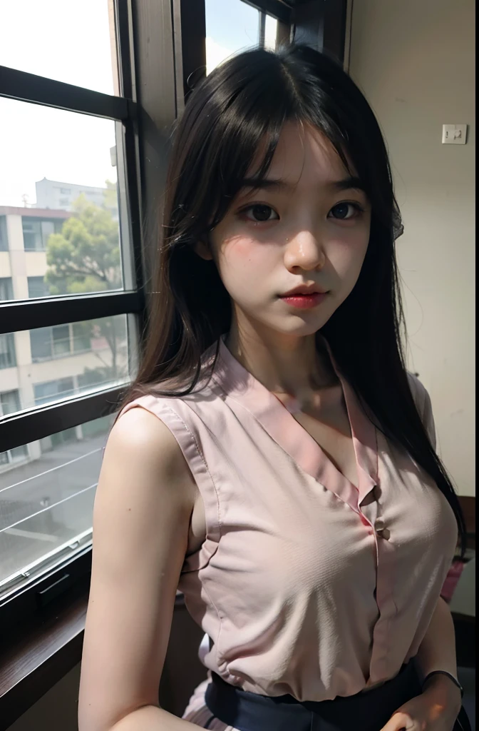 ar old,ment)))),Classroom,dual horsetail,Huge chest,Unbutton your clothes,revealing breasts,Illuminates the face,extreme hight detail,Master Light and Shadow