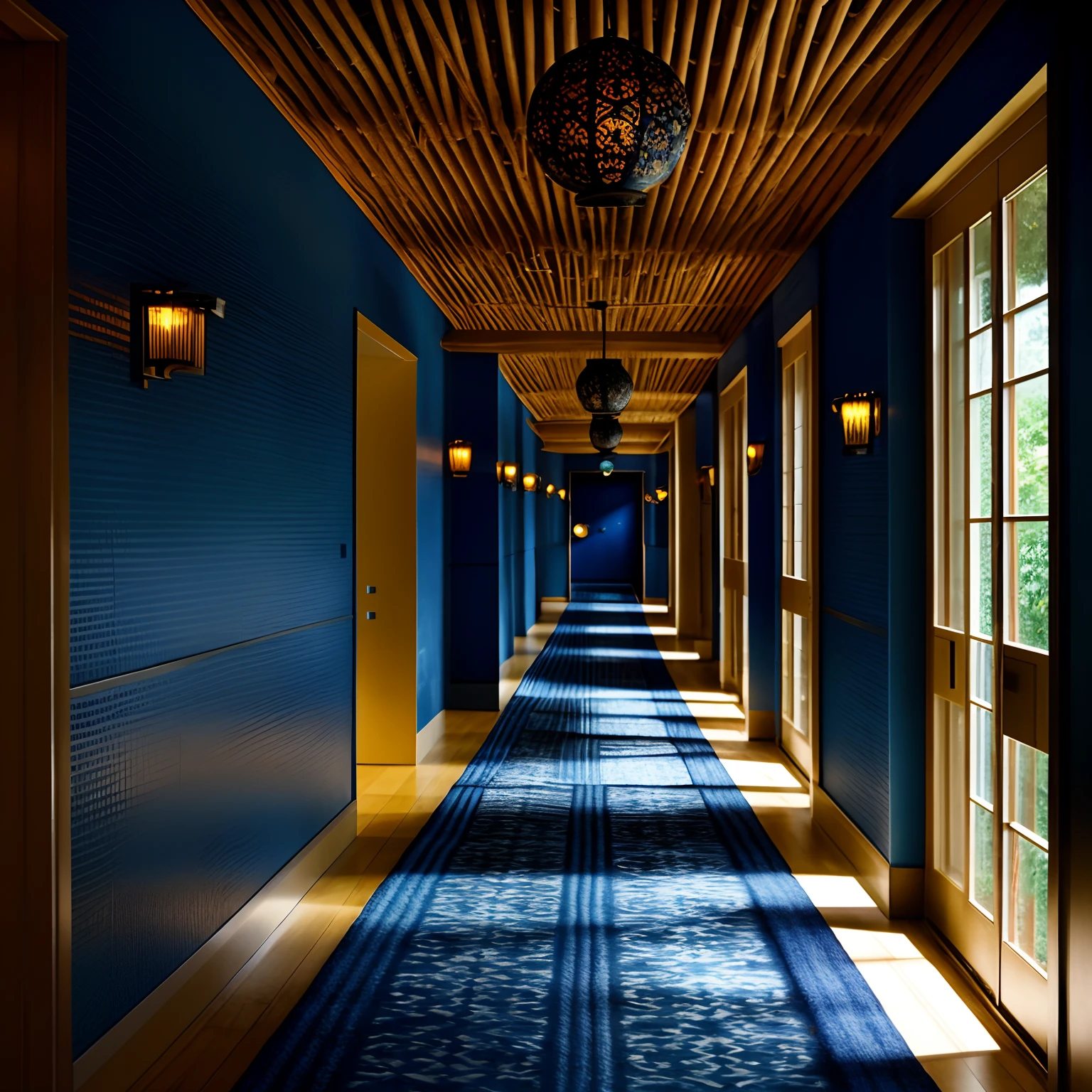 arafed hallway with blue walls and a wooden ceiling, the shinning hotel hallway, infinite hallway, long hallway, long dark hallway, adjacent hallways, brightly lit blue room, endless hallways, hallway landscape, long hall way, hallways, liminal space hallway, detailed lighting and textures, hallway, in a hotel hallway, blue lamps on the ceiling, pebble walkway with plants