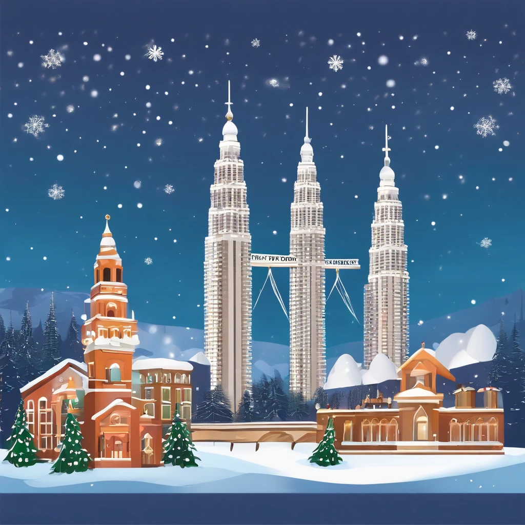 christmas season of Malaysia Twin Tower and sky snowing, cel-shaded 2D vector flat style, illustration, cartoon clipart, white background