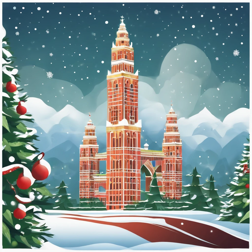 christmas season of Malaysia Twin Tower and sky snowing, cel-shaded 2D vector flat style, illustration, cartoon clipart, white background
