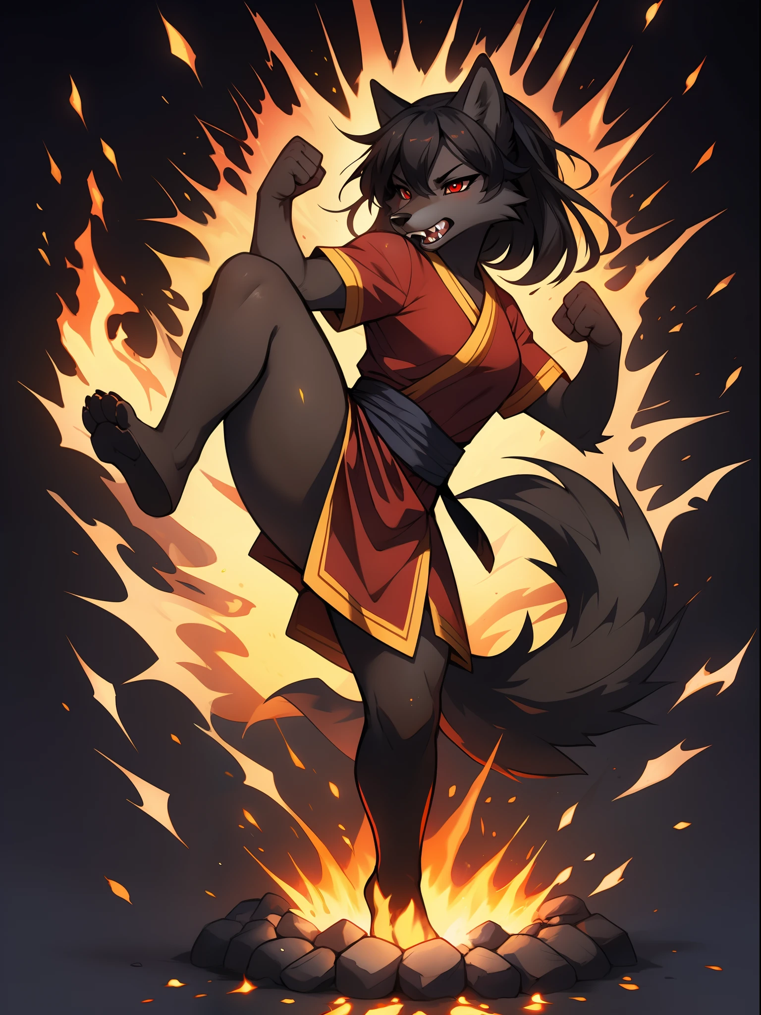 Solo:1.3, one girl, Natasha, dark grey wolf, red eyes, cute snout, black nose, long black hair, red monk clothing, feet wrapped in bandages, sparks coming from fists, one leg up pose, dramatic pose, punching, serious face, fire coming from sides of mouth, sharp canine teeth, fighting pose, simple background, by gudlmok99, fire swirling around arms