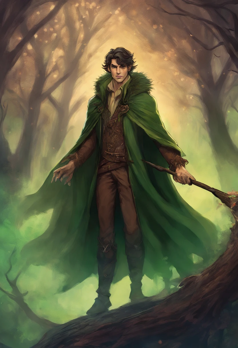Solo male, tall, late 20's, handsome, elf, happy, relaxed, vampire, shaggy hair, pointy ears, fangs, brown hair, green cloak, druid, surrounded by smoke, lots of smoke, walking with a thick oak staff