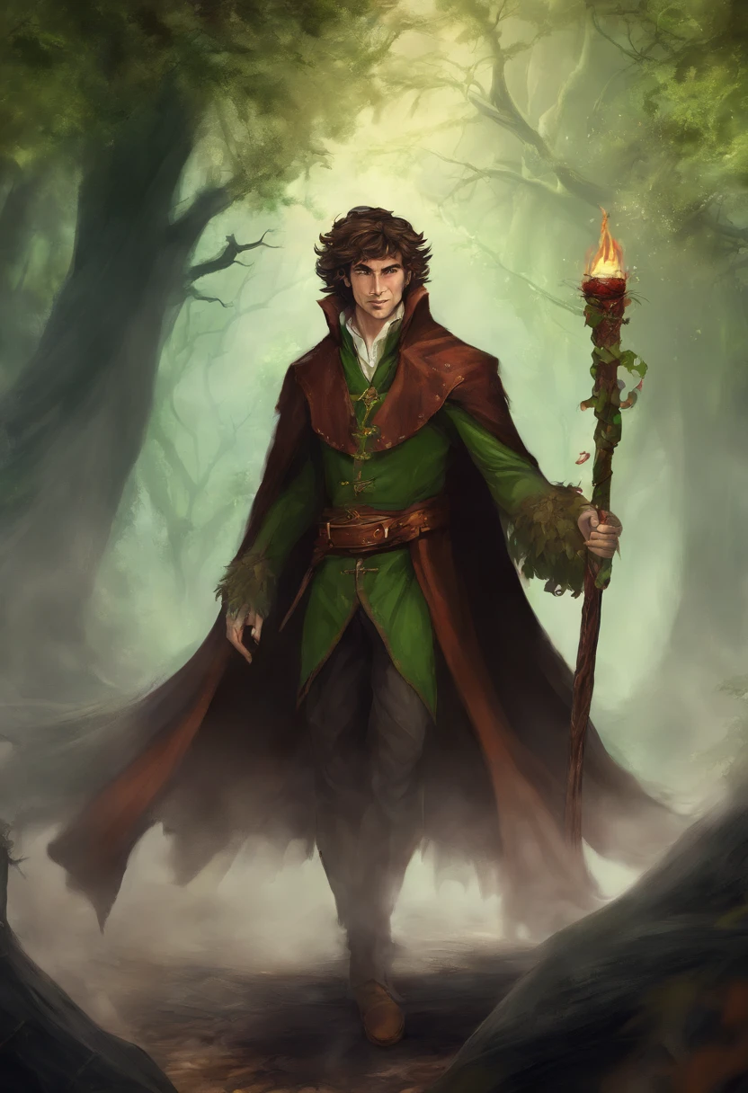 Solo male, tall, late 20's, handsome, elf, happy, relaxed, vampire, shaggy hair, pointy ears, fangs, brown hair, green cloak, druid, surrounded by smoke, lots of smoke, walking with a thick oak staff