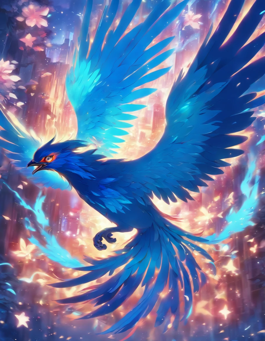 Make an illustration of a blue phoenix, renascendo de uma flor, rosa, Taking Flight