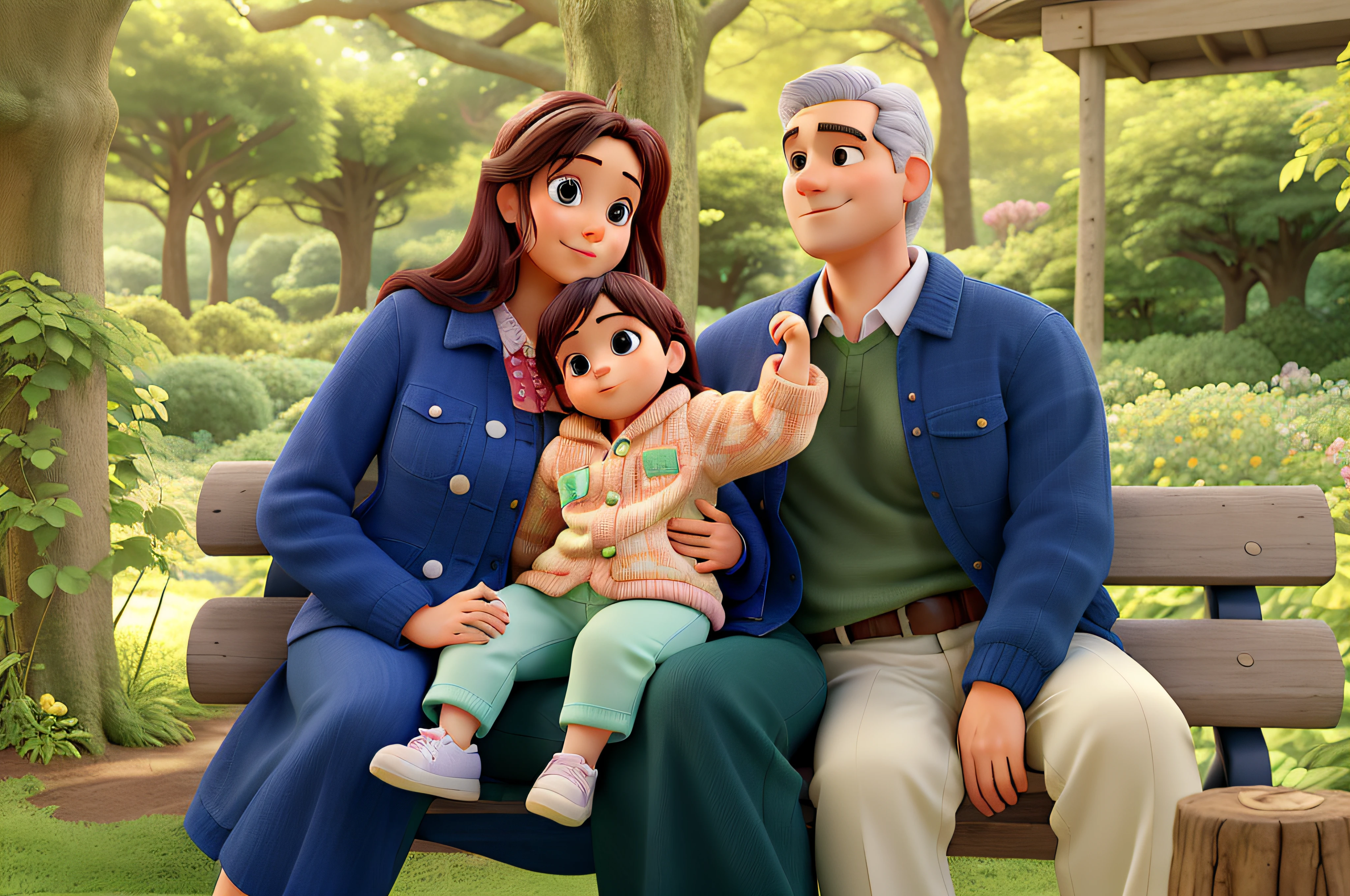 Mom and dad holding daughter on a garden bench amidst trees and lots of green, todos com cabelos escuros, estilo disney pixar, alta qualidade, melhor qualidade