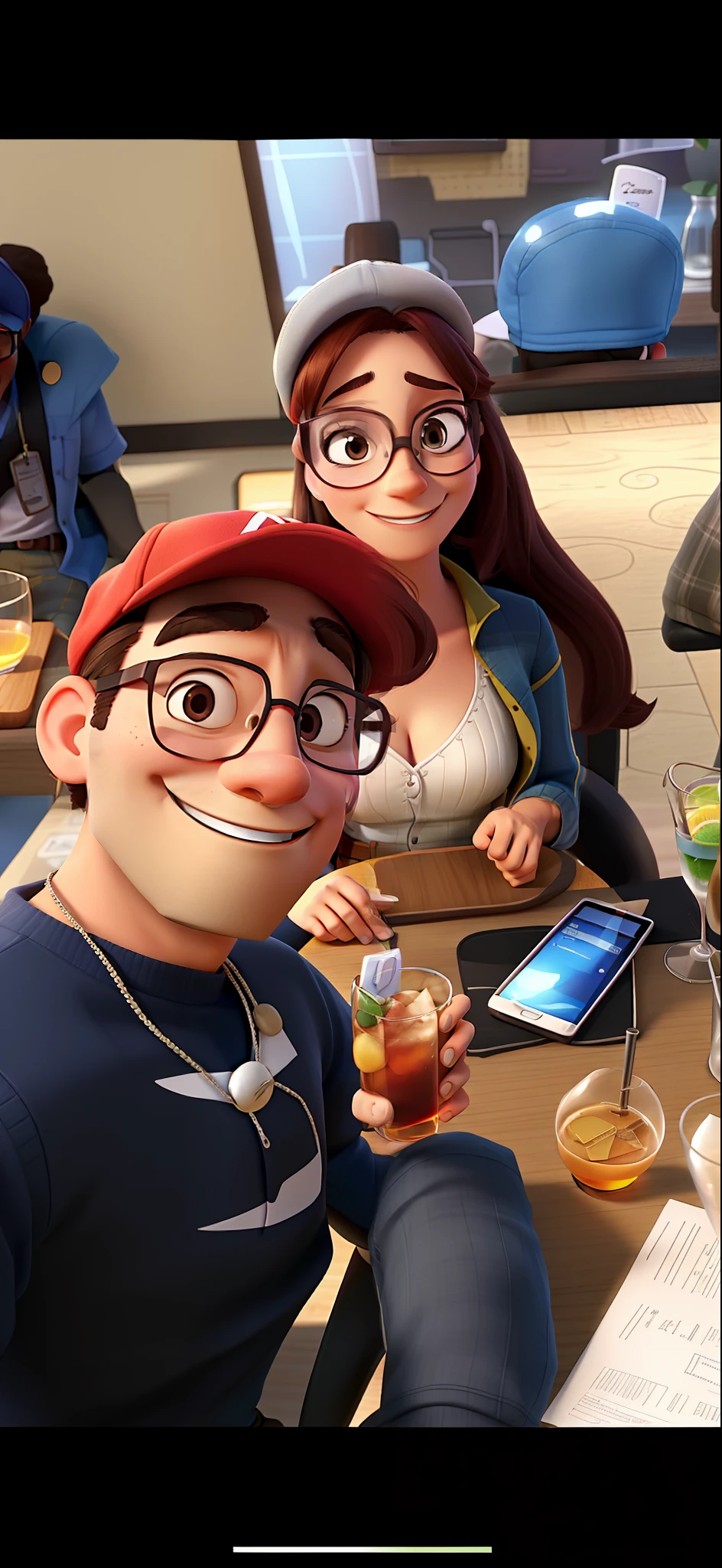 a man and a woman, couple smiling, the man with a cap and transparent glasses, the man with a glass in his hand, cell phone on the table, cocktail glass on the table, woman in a bra, Disney pixar style