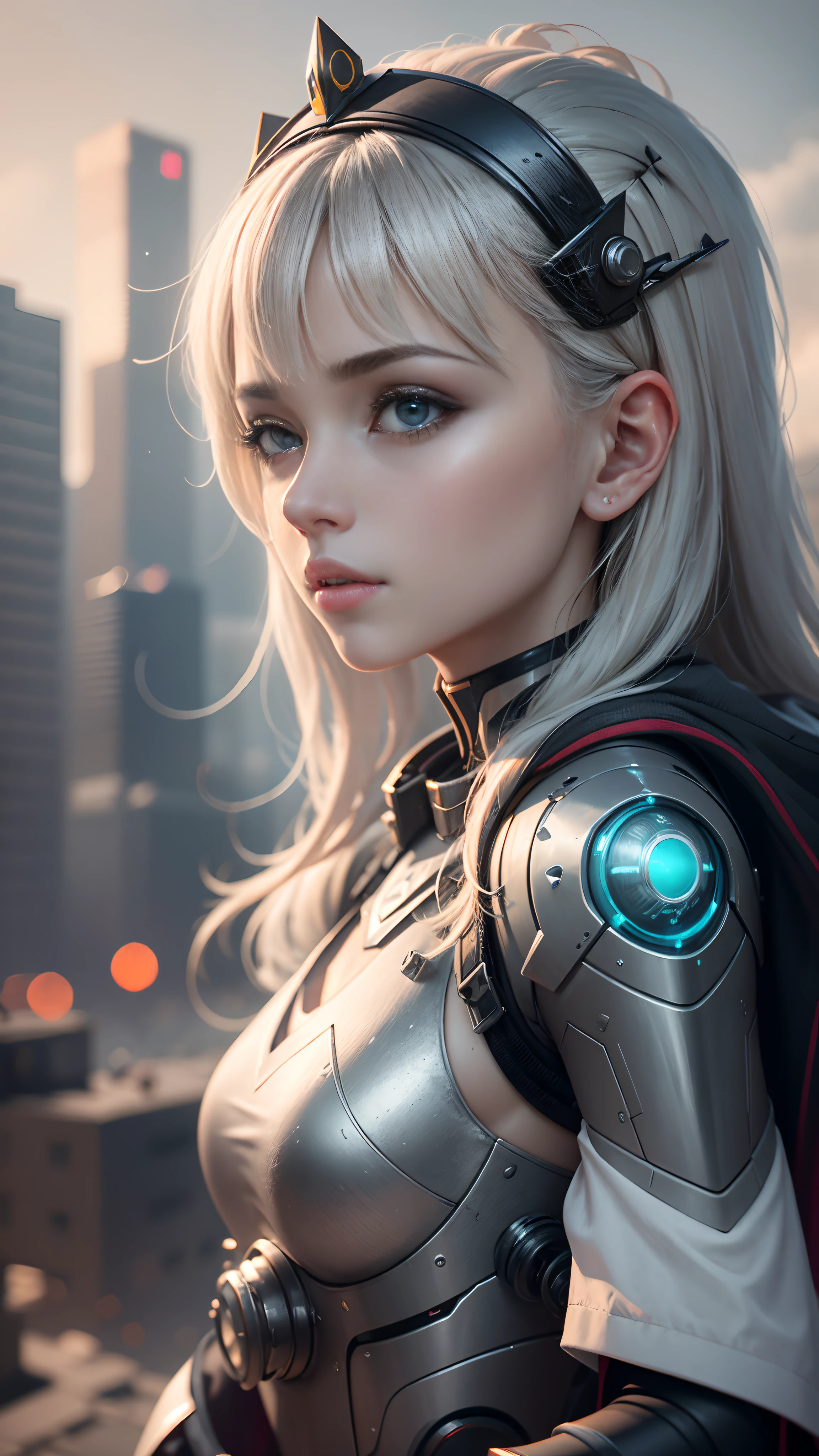 ((Best Quality)), ((Masterpiece)), (Very Detailed: 1.3), 3D, Shitu-mecha, Beautiful cyberpunk woman wearing crown with her mecha in ruins of a city in forgotten war, long silver hair, sci-fi technology, HDR (High Dynamic Range), ray tracing, nvidia RTX, super resolution, unreal 5, subsurface scattering, PBR texture, post-processing, anisotropic filtering, depth of field, maximum sharpness and sharpness, multi-layered texture, Albedo and specular mapping, surface shading, accurate simulation of light-material interactions, perfect ratios, octane rendering, duotone lighting, low ISO, white balance, rule of thirds, wide aperture, 8K RAW, high efficiency sub-pixels, subpixel convolution, luminous particles, light scattering, Tyndall effect