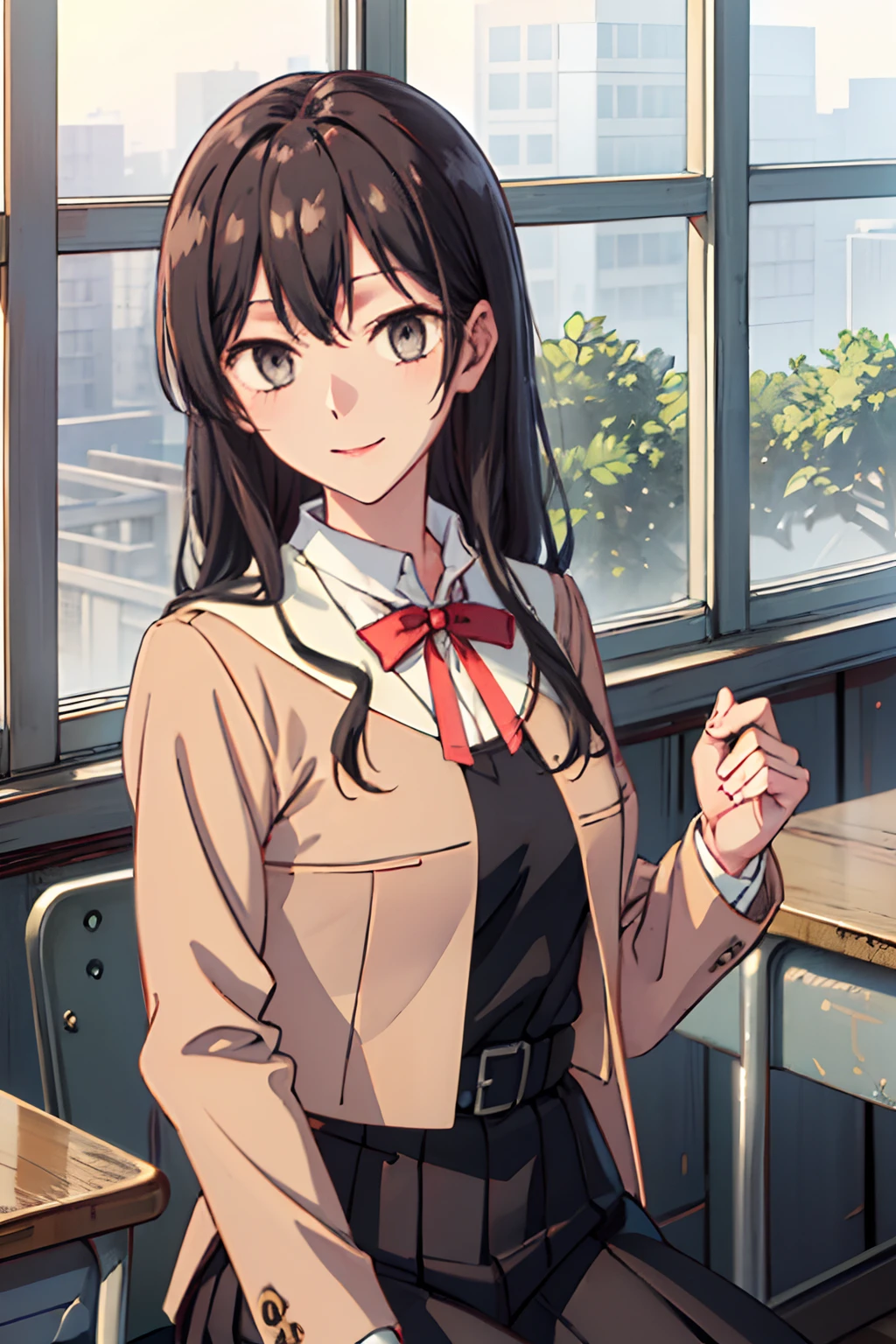 ((masterpiece,best quality)), highres, extremely detailed 8K wallpaper, depth_of_field, cowboy shot, solo, 1girl, (nanami_touko_yagatekimininaru, long hair, black hair, gray eyes:1.4), smile, slender, skinny, medium breasts, bangs, , school uniform, white sailor collar, brown jacket, brown sleeves, red bow, red ribbon, black shirt, belt, classroom, night,