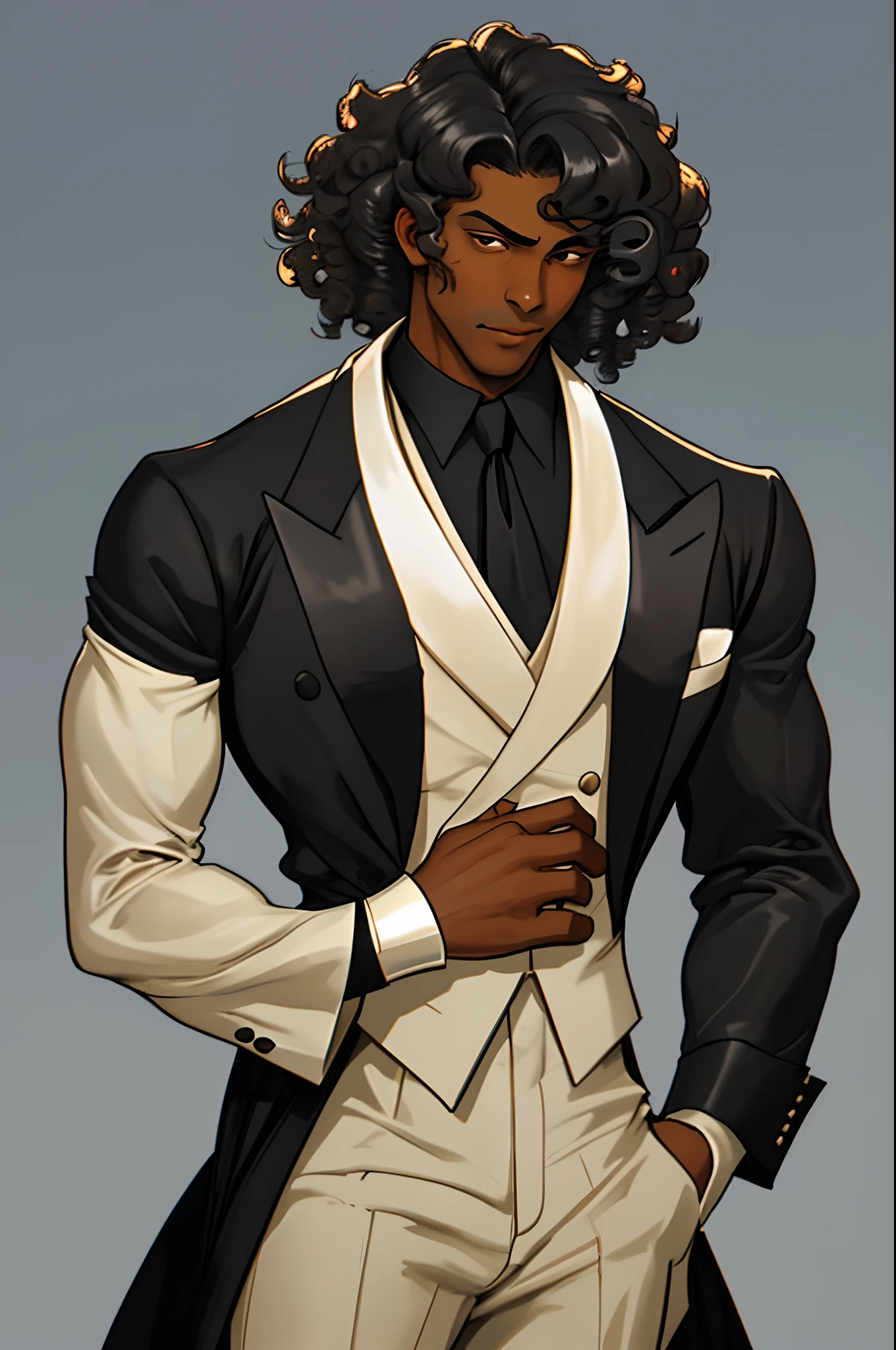 "An elegant black gentleman and combatant with medium curly hair impeccably dressed from the 1920s."
