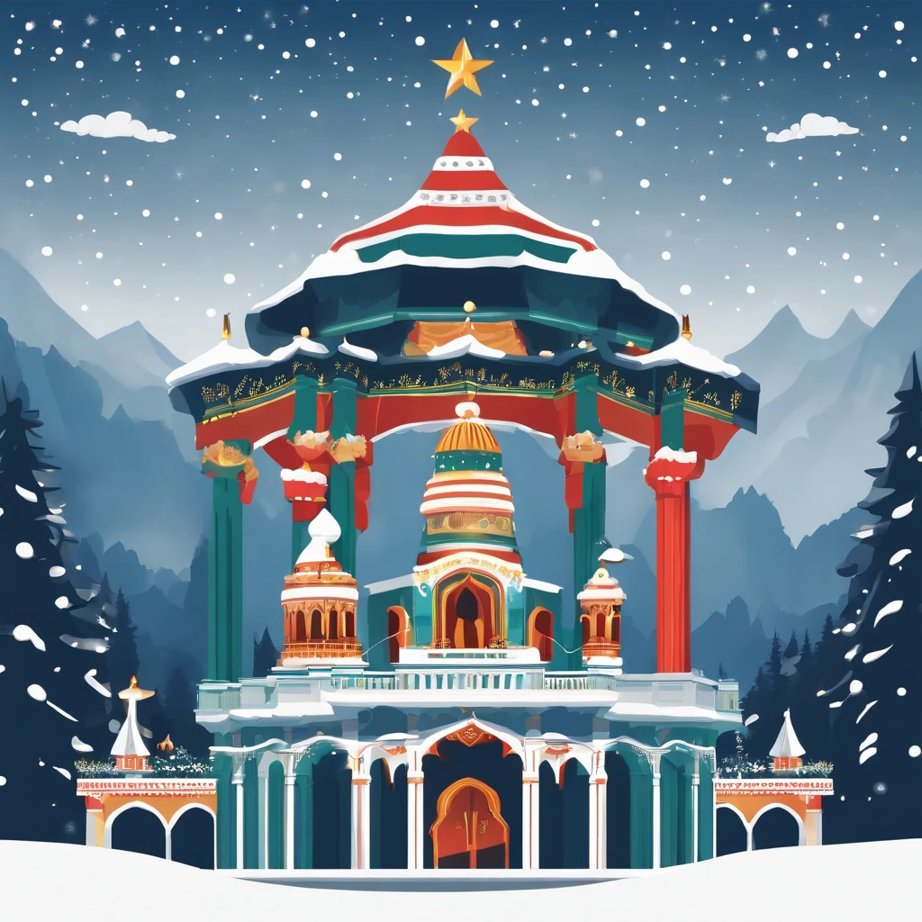 christmas season of Malaysia BATU CAVE'S only and sky snowing, cel-shaded 2D vector flat style, illustration, cartoon clipart, white background
