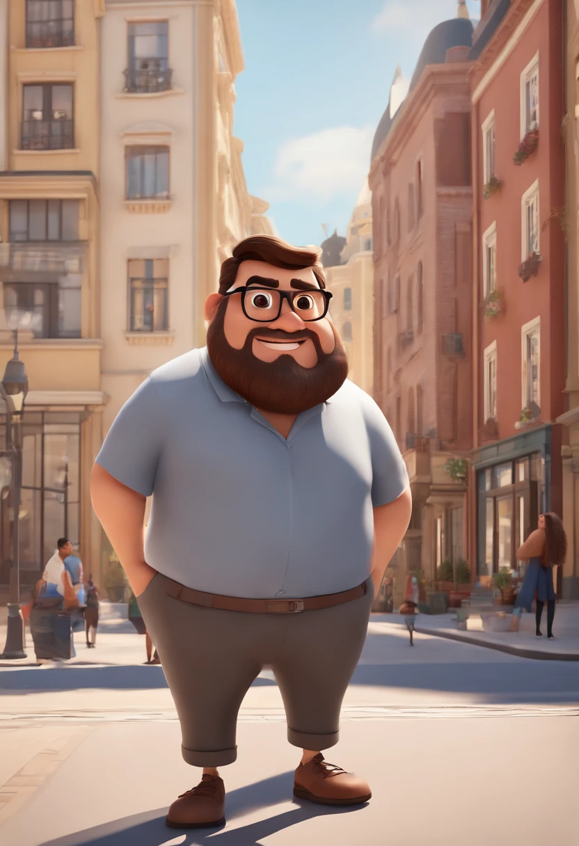 36-year-old man, wearing rectangular glasses and a beard, light brown skin, straight black hair, a little overweight, fat. The image style should be Disney Pixar 3D. Pixar 3D style drawing of a weight loss clinic in the city center with a character in the foreground, disney pixar style, high quality, best quality