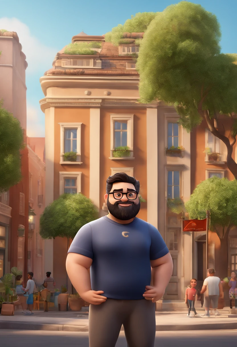 36-year-old man, wearing rectangular glasses and a beard, light brown skin, straight black hair, a little overweight, fat. The image style should be Disney Pixar 3D. Pixar 3D style drawing of a weight loss clinic in the city center with a character in the foreground, disney pixar style, high quality, best quality