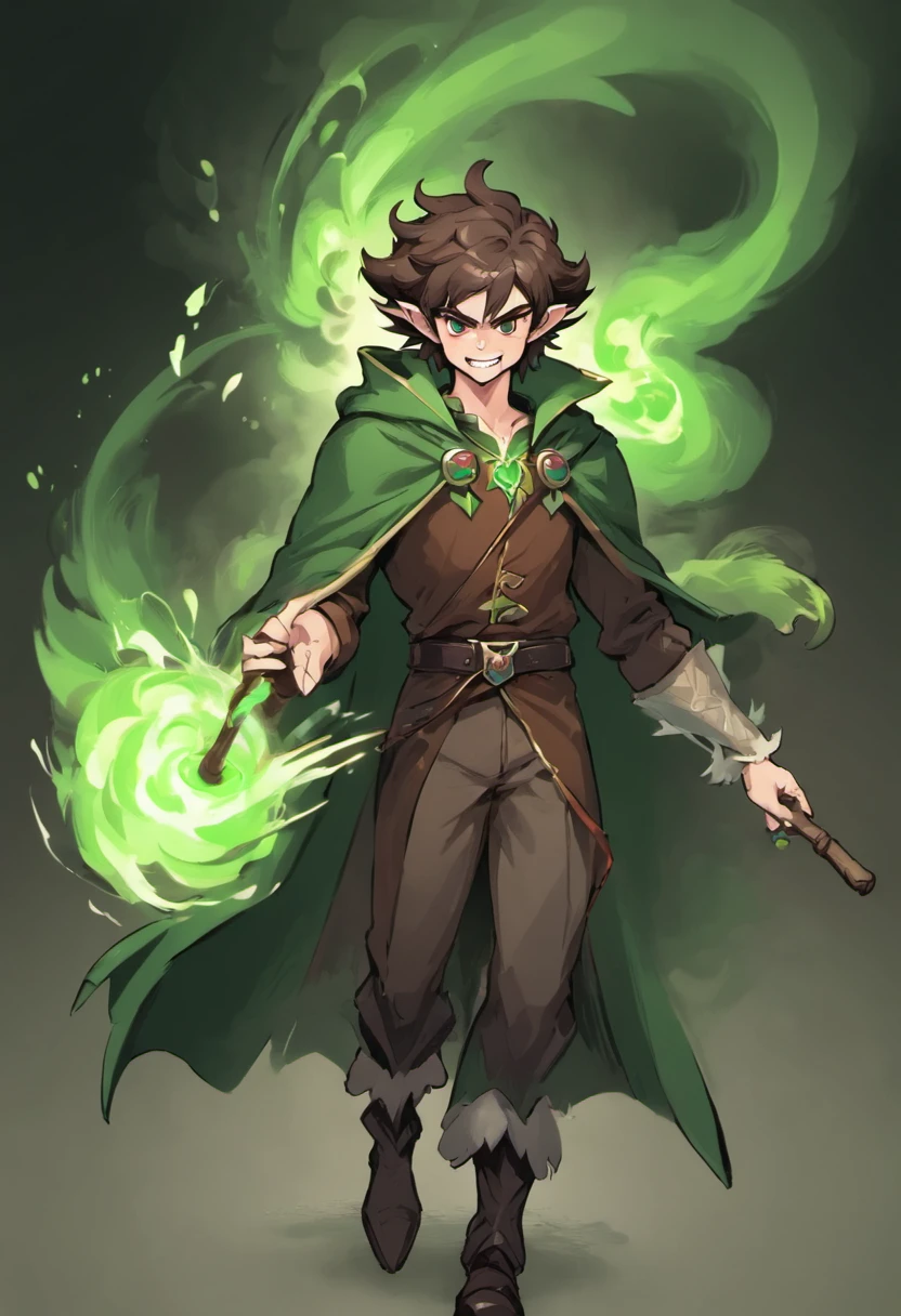 Solo male, tall, late 20's, handsome, elf, happy, relaxed, vampire, shaggy hair, pointy ears, fangs, brown hair, green cloak, druid, surrounded by smoke, lots of smoke, walking with a thick oak staff