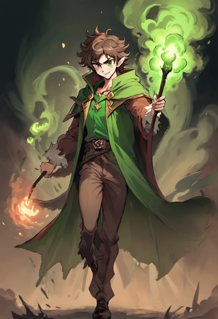 Solo male, tall, late 20's, handsome, elf, happy, relaxed, vampire, shaggy hair, pointy ears, fangs, brown hair, green cloak, druid, surrounded by smoke, lots of smoke, walking with a thick oak staff