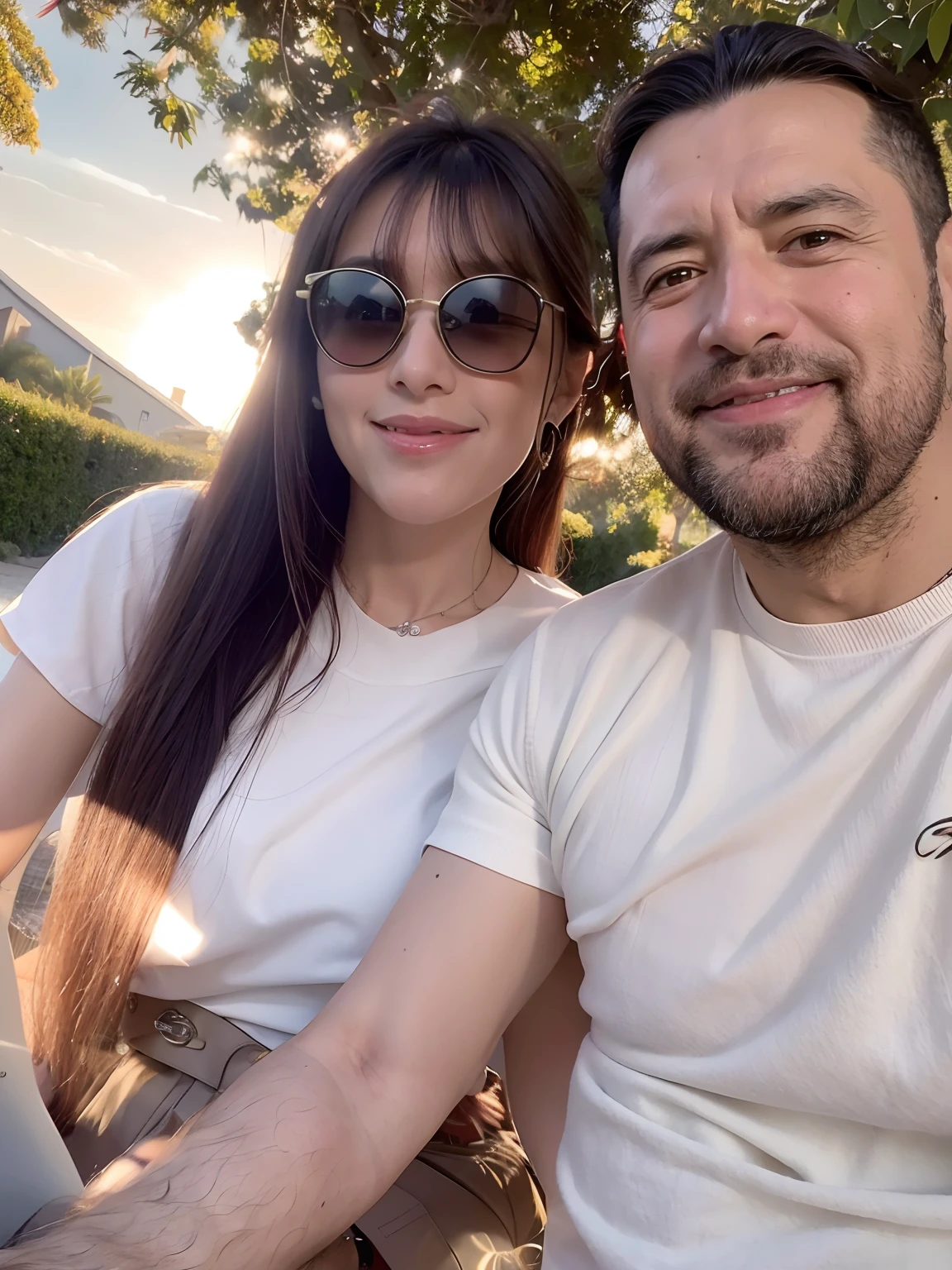 They're sitting under a tree and smiling at the camera, imagem de qualidade muito baixa, imagem de perfil, Aykut Aydogdu, vacation photo, Lovely couple, 3 0 anos de idade mulher, Mulher de 30 anos, Parque em segundo plano, Ayanamikodon e Irakli Nadar, Casal feliz, taken in the early 2020s
