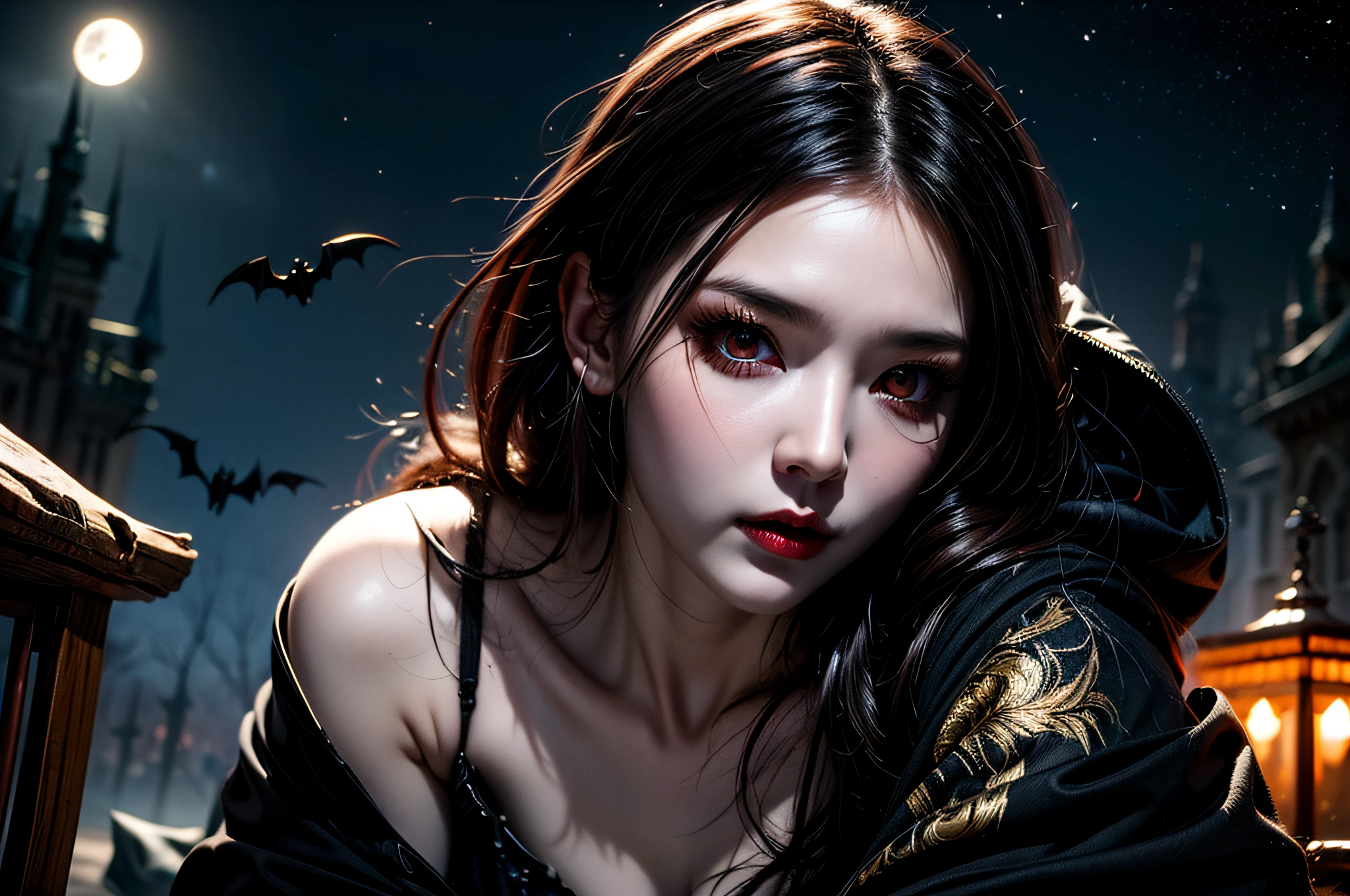 a picture of an exquisite beautiful female vampire standing under the starry night sky on the porch of her castle, dynamic angle (ultra detailed, Masterpiece, best quality), ultra detailed face (ultra detailed, Masterpiece, best quality), ultra feminine, grey skin, cherry red hair, wavy hair, dynamic eyes color, cold eyes, glowing eyes, intense eyes, dark red lips, [fangs], wearing white dress (ultra detailed, Masterpiece, best quality), blue cloak (ultra detailed, Masterpiece, best quality), long cloak, flowing cloak (ultra detailed, Masterpiece, best quality), high heeled boots, sky full of stars background, moon, bats flying about, high details, best quality, 8k, [ultra detailed], masterpiece, best quality, (ultra detailed), full body, ultra wide shot, photorealism, dark fantasy art, dark fantasy art, gothic art, many stars, dark fantasy art, gothic art, sense of dread,