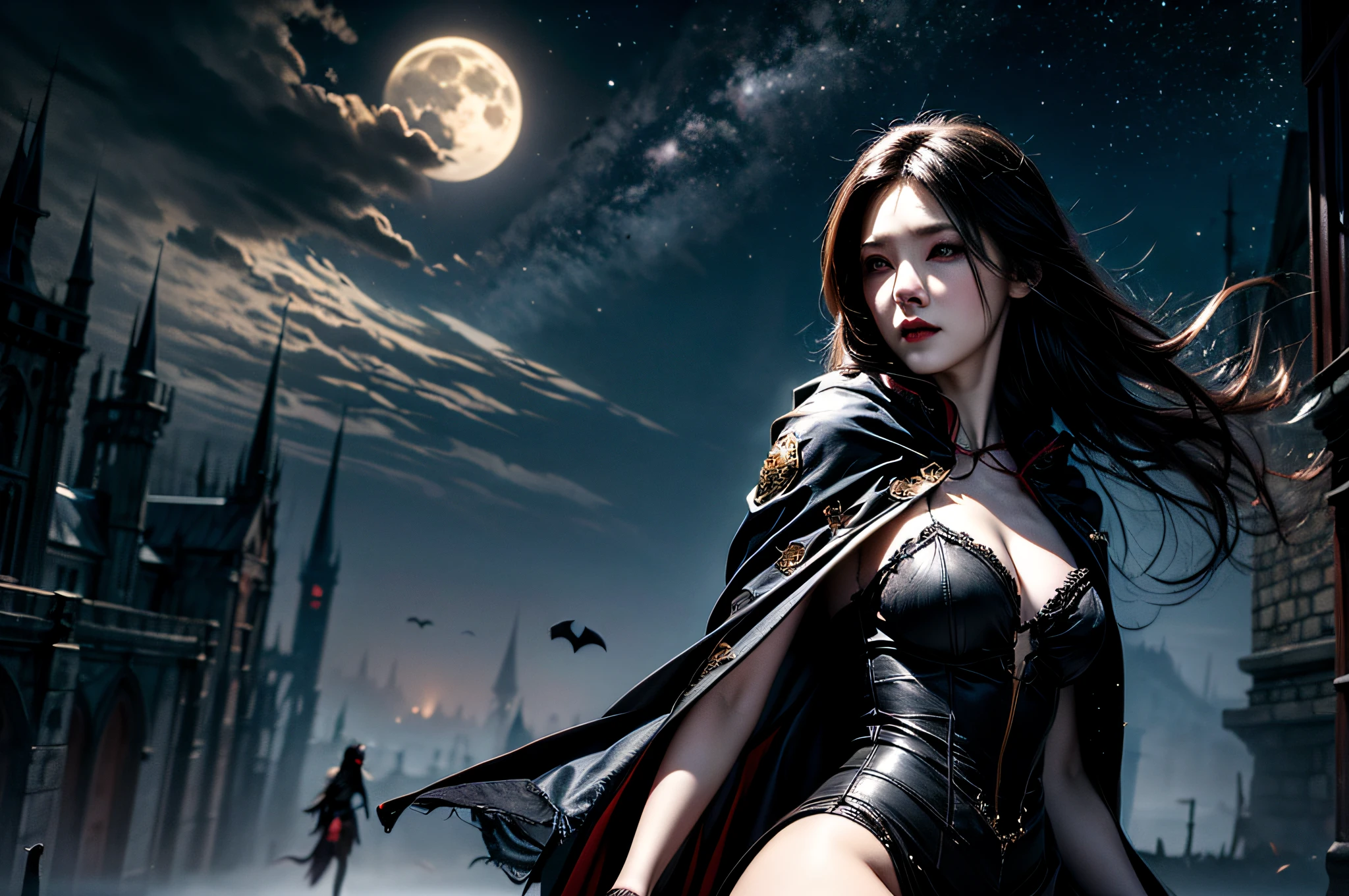 a picture of an exquisite beautiful female vampire standing under the starry night sky on the porch of her castle, dynamic angle (ultra detailed, Masterpiece, best quality), ultra detailed face (ultra detailed, Masterpiece, best quality), ultra feminine, grey skin, cherry red hair, wavy hair, dynamic eyes color, cold eyes, glowing eyes, intense eyes, dark red lips, [fangs], wearing white dress (ultra detailed, Masterpiece, best quality), blue cloak (ultra detailed, Masterpiece, best quality), long cloak, flowing cloak (ultra detailed, Masterpiece, best quality), high heeled boots, sky full of stars background, moon, bats flying about, high details, best quality, 8k, [ultra detailed], masterpiece, best quality, (ultra detailed), full body, ultra wide shot, photorealism, dark fantasy art, dark fantasy art, gothic art, many stars, dark fantasy art, gothic art, sense of dread,
