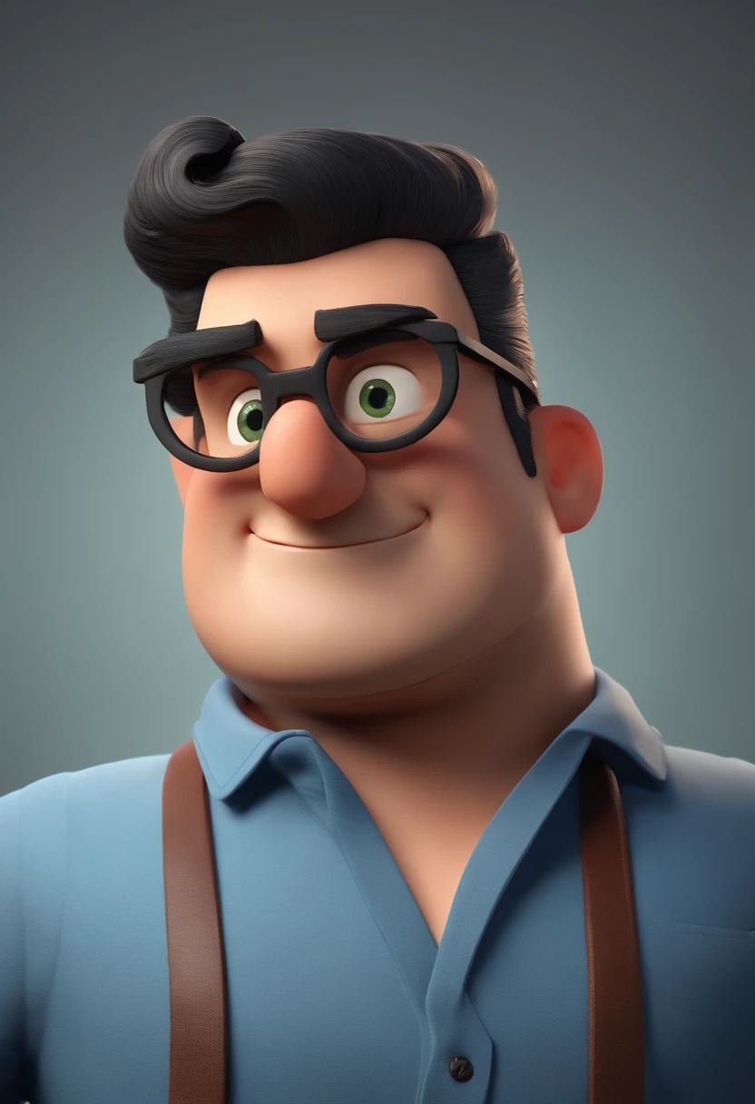 Cartoon character of a man wearing black glasses and a blue shirt, um personagem animado, Caractere estilizado, animation style rendering, 3D estilizado, Arnold Maya render, 3 d render stylized, toon render keyshot, Personagem 3D, Personagem 3D, 3d rendering stylized, 3 d character render, personagem de desenho animado, Personagem de close up, Pose de personagem, (Estilo Pixar) (master part:1.2) (Bokeh) (best quality) (pele detalhada) (textura detalhada) (8k) (argila) (Cinematic lighting) (foco nítido，Senta e vaza a parte superior do corpo