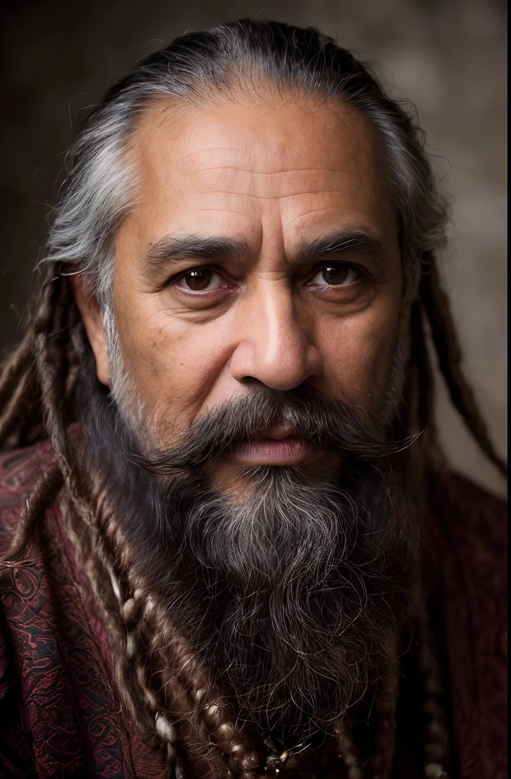 (Close-up, a Portrait photo of a 50-year-old middle age man), (metalic skin color),(Highly detailed face:1.4)(background inside dark, Moody, Private study:1.3)(old indian man:1.1, age 50, dreadlocks hair ,white bigger beard:1.1,bigger moustache:1.1,in swag,extremely detailed facial hairs,portrait,half body,detailed eyes and face,detailed hair,traditional clothing,aged appearance,royal background,studio lighting,vibrant colors,dignified expression) bhasma on forehead, holding sigarete in hand Nikon D850, film stock photograph ,4 Kodak Portra 400 ,Camera f1.6 shots ,Rich colors ,Ultra photo realsisim ,Lifelike texture, Dramatic lighting , cine still 800,