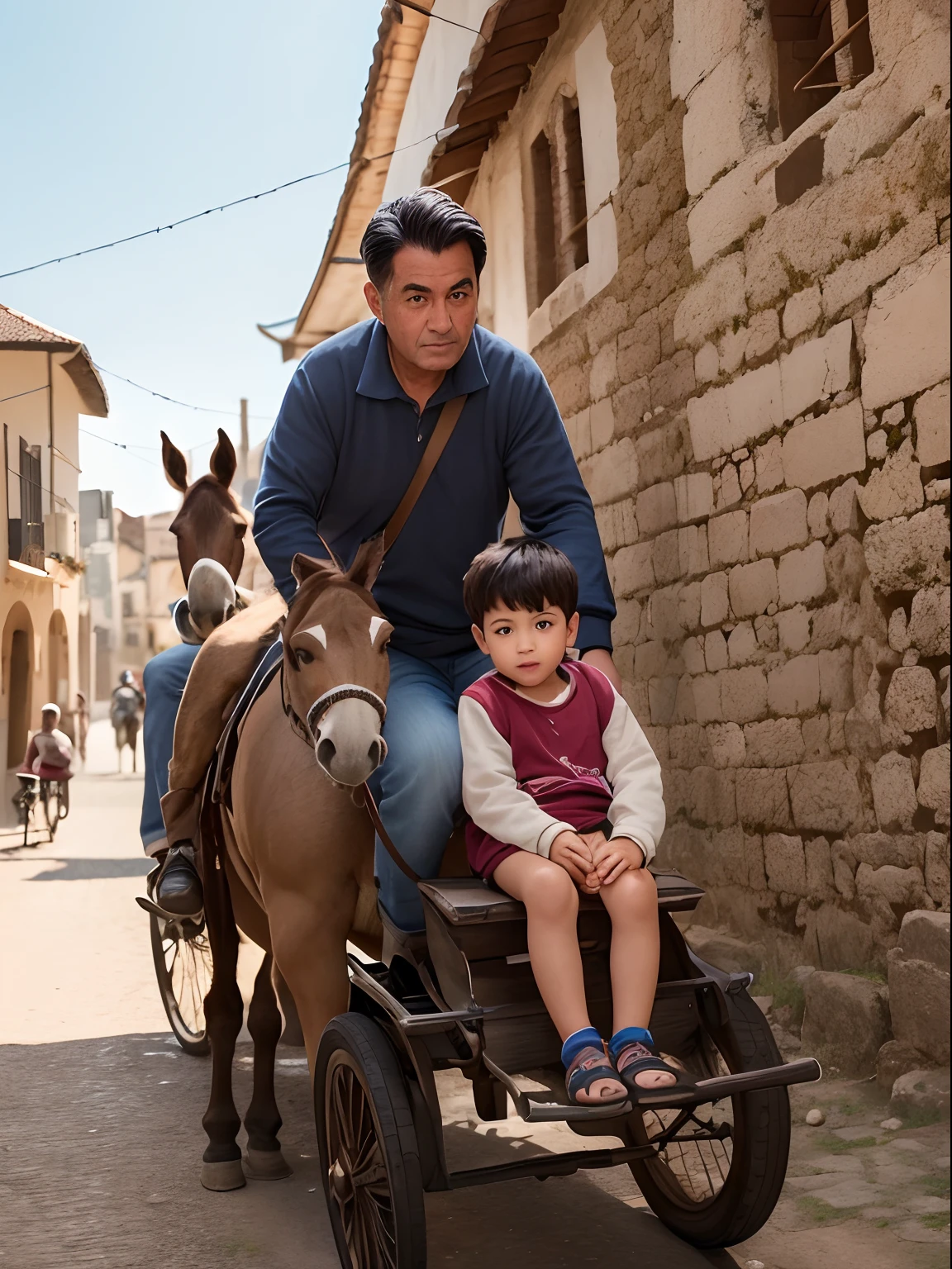 A young boy aged 22 sitting on donkey with his father aged 70 walking by the donkey in an old town with some people looking at them strangely