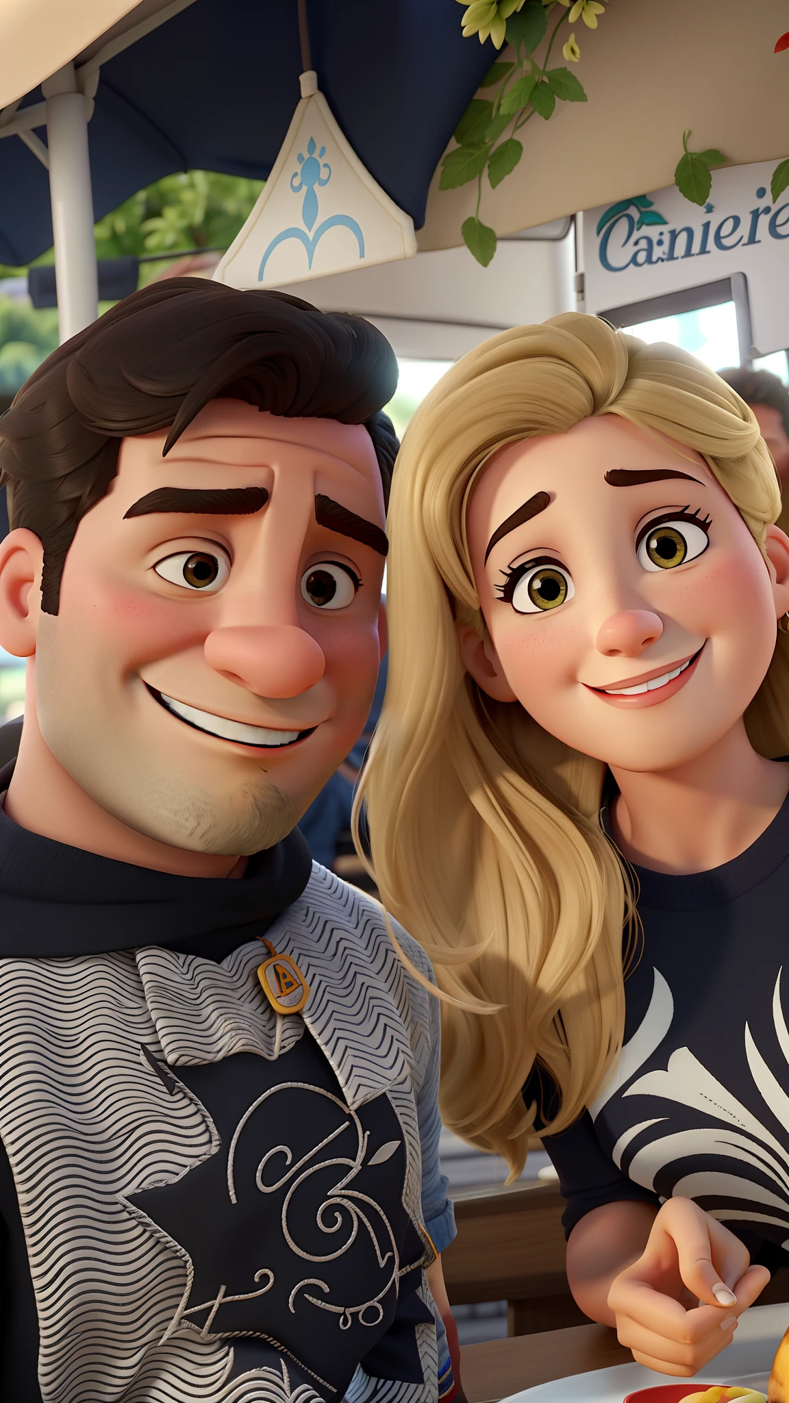 Casal feliz, sentado em mesa de festival de carnes tomando uma cerveja artesanal, homem moreno, mulher loira. No estilo disney pixar, alta qualidade
