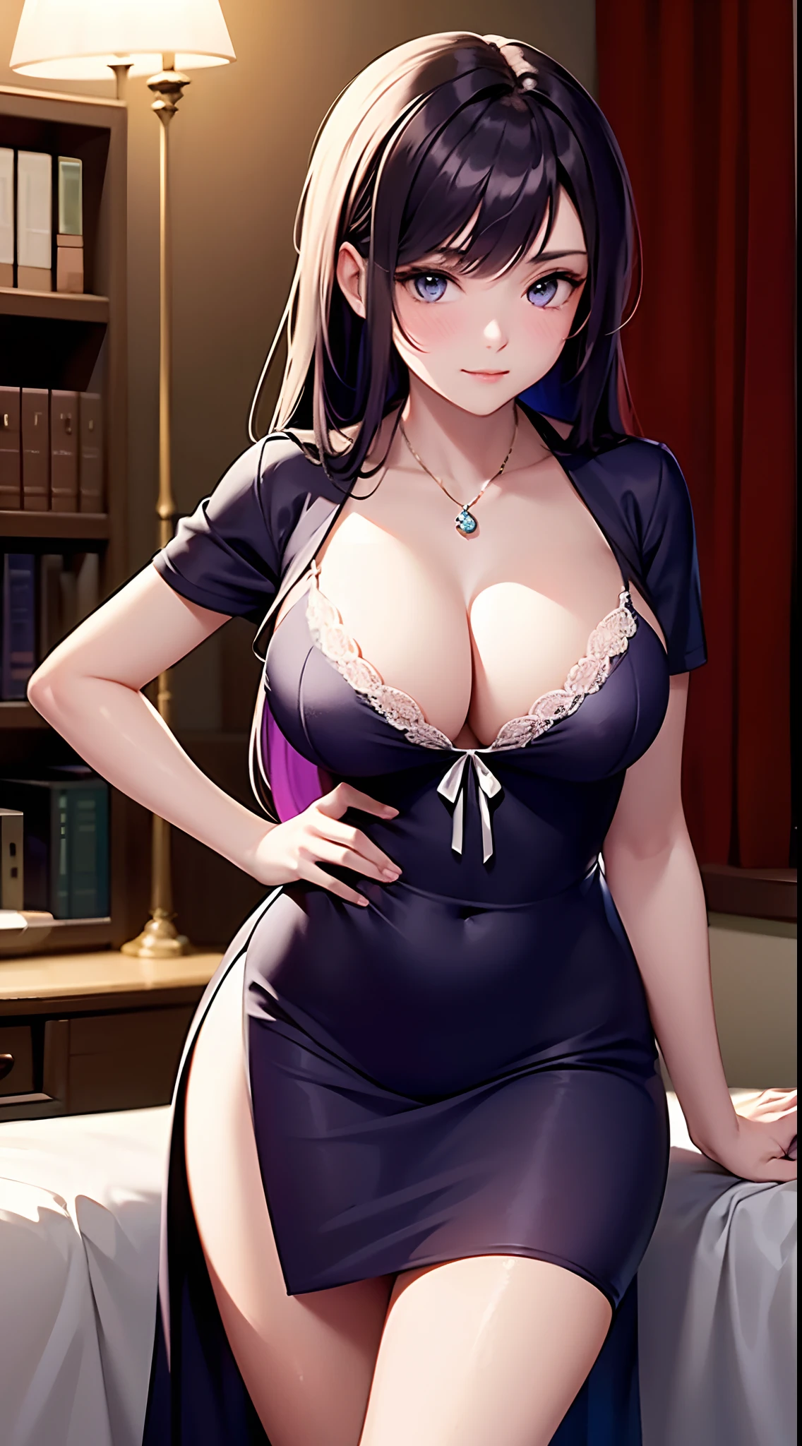 A girl with purple long hairs in high school dress looking at me seductively