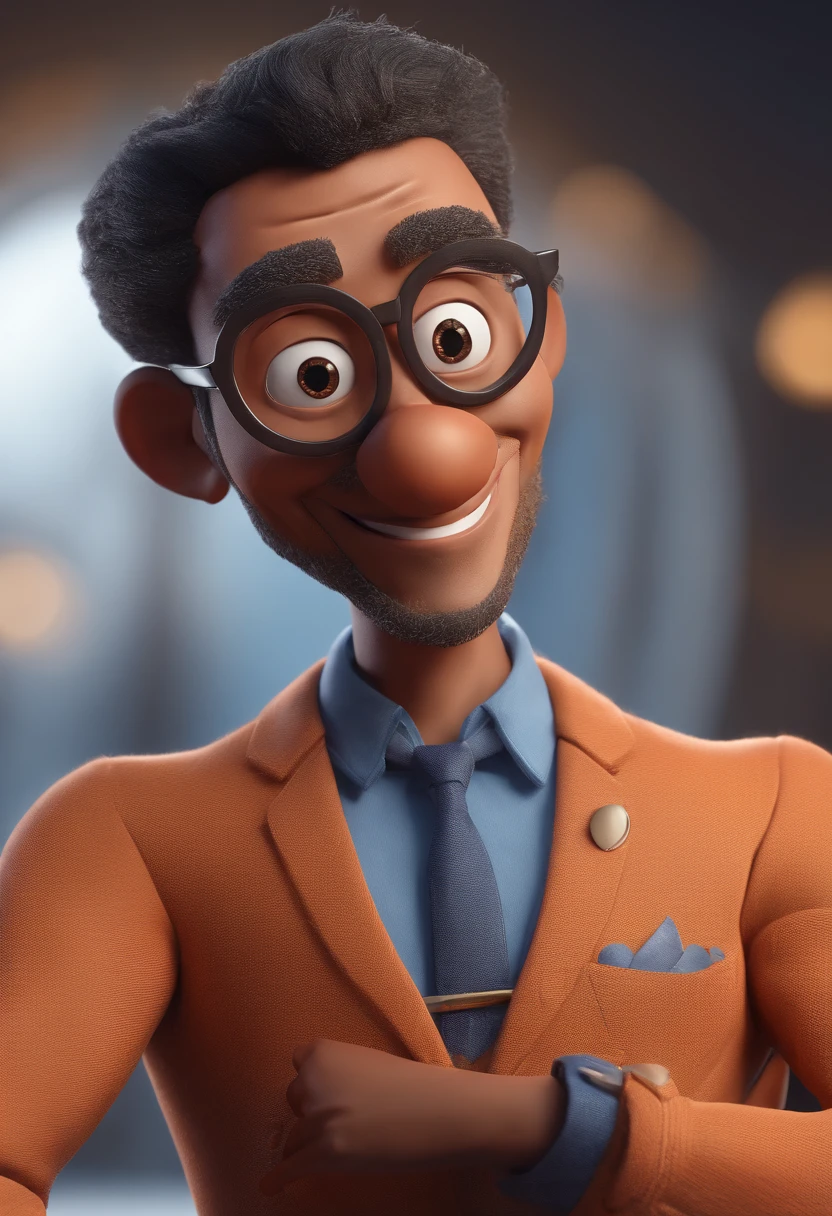 Cartoon character of a man with black glasses and a blue shirt, animation character, Caractere estilizado, animation style rendering, 3D estilizado, Arnold Maya render, 3 d render stylized, toon render keyshot, Personagem 3D, Personagem 3D, 3d rendering stylized, 3 d character render, personagem de desenho animado, Personagem de close up, Pose de personagem, (Estilo Pixar) (master part:1.2) (Bokeh) (best quality) (pele detalhada) (textura detalhada) (8k) (argila) (Cinematic lighting) (foco nítido