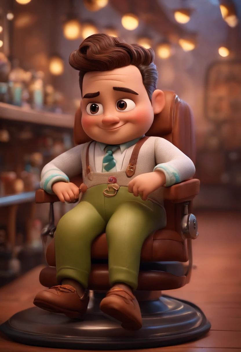 A Dream Barber Inspired by Pixar Animation, de perto. The character takes center stage with captivating facial expressions, oferecendo um toque de irrealidade, Cabelo curto e gordinho gradiente