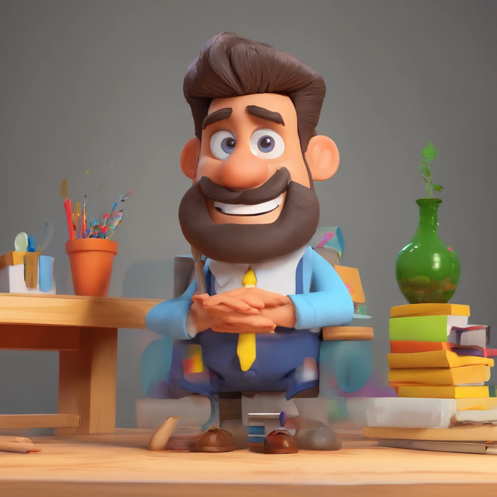 Criar um personagem no estilo Pixar. Trata-se de um homem de 30 anos, com barba, Branco, com cabelos castanhos curtos e um quiff, e olhos castanhos. Ele deve estar na frente de um computador, Trabalhar como designer