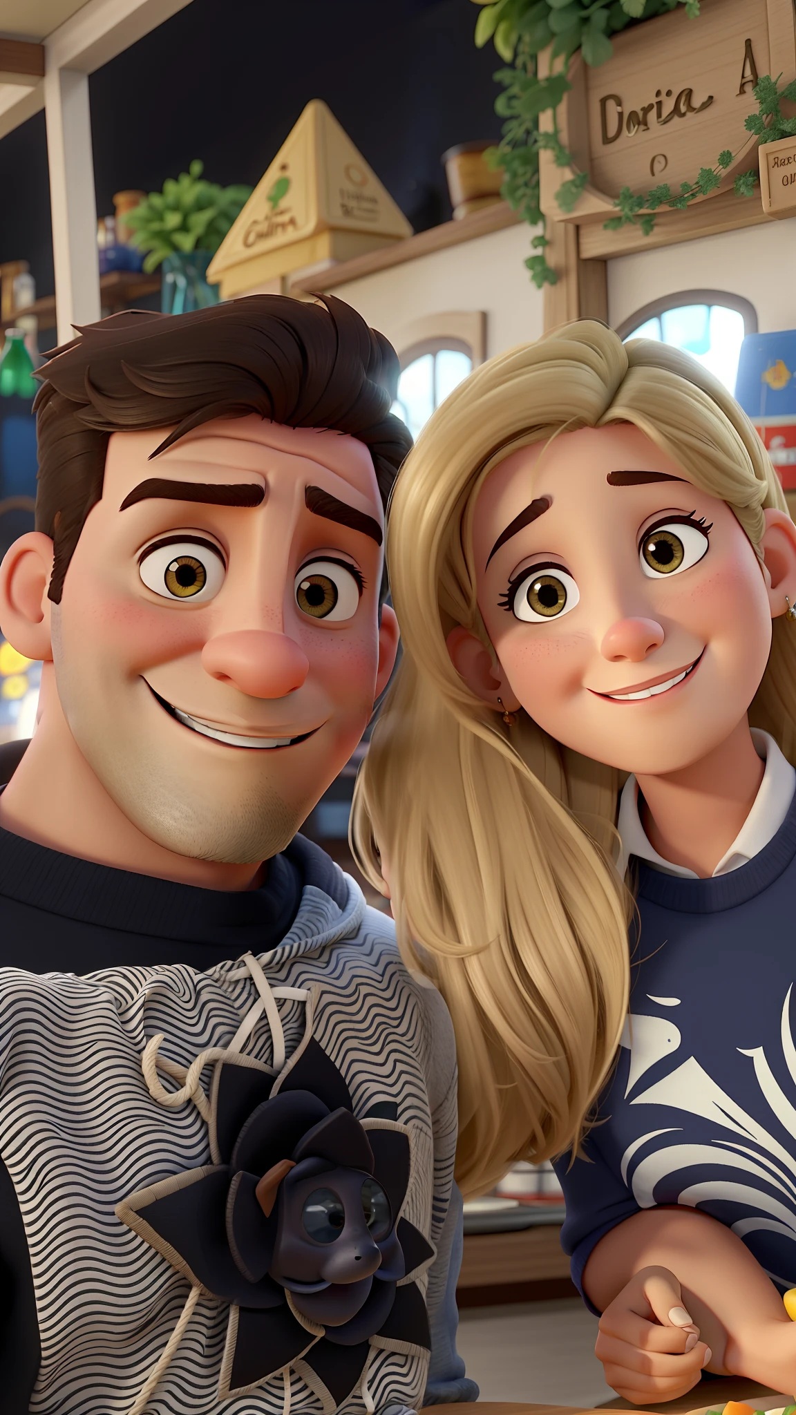 Casal feliz, sentado em mesa de festival de carnes tomando uma cerveja artesanal, homem moreno, mulher loira. No estilo disney pixar, alta qualidade