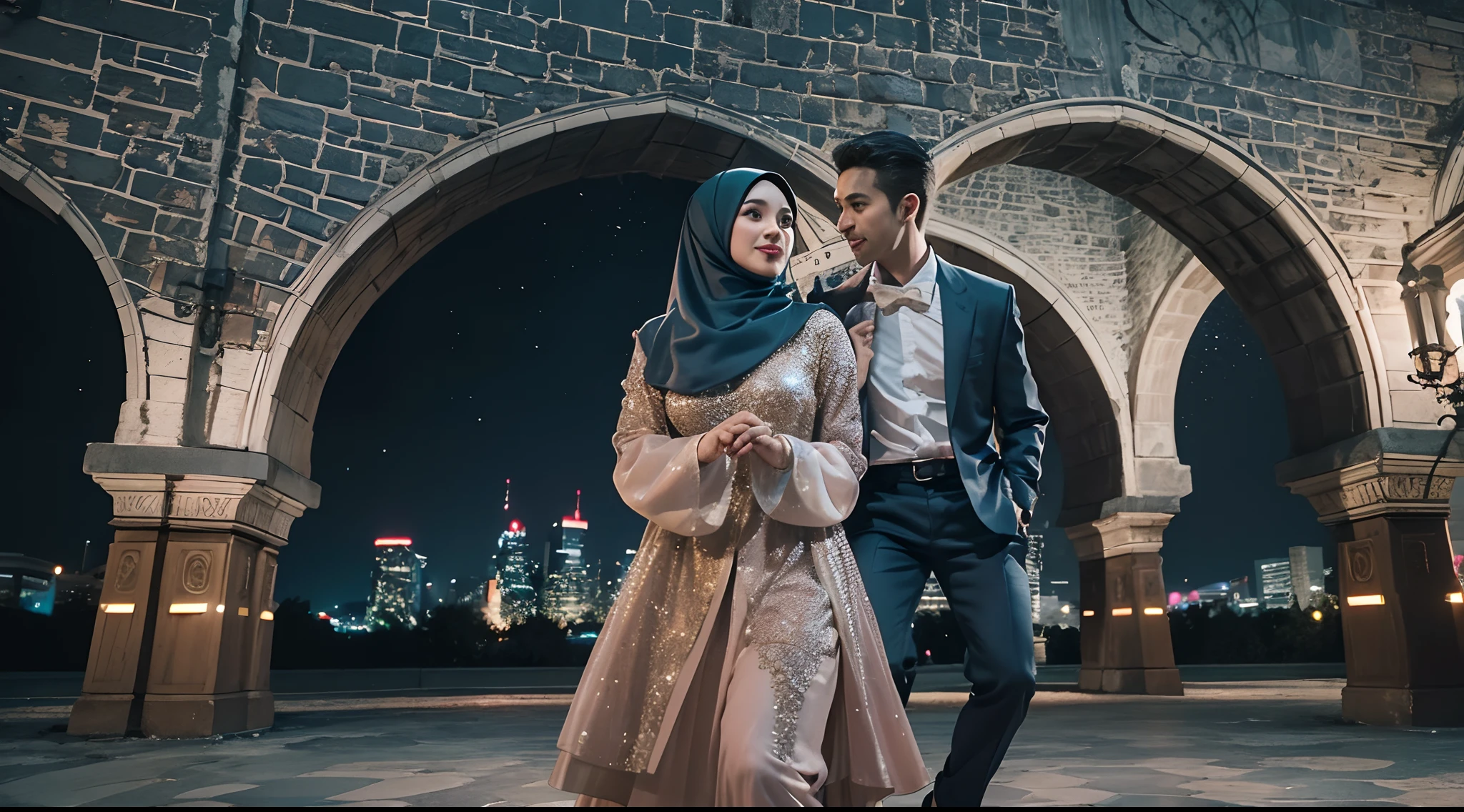 Create a cinematic film still reminiscent of 'La La Land' with a Malay girl in hijab and a Malay guy dancing together in a moonlit city park. Use a wide-angle lens to showcase the romantic choreography