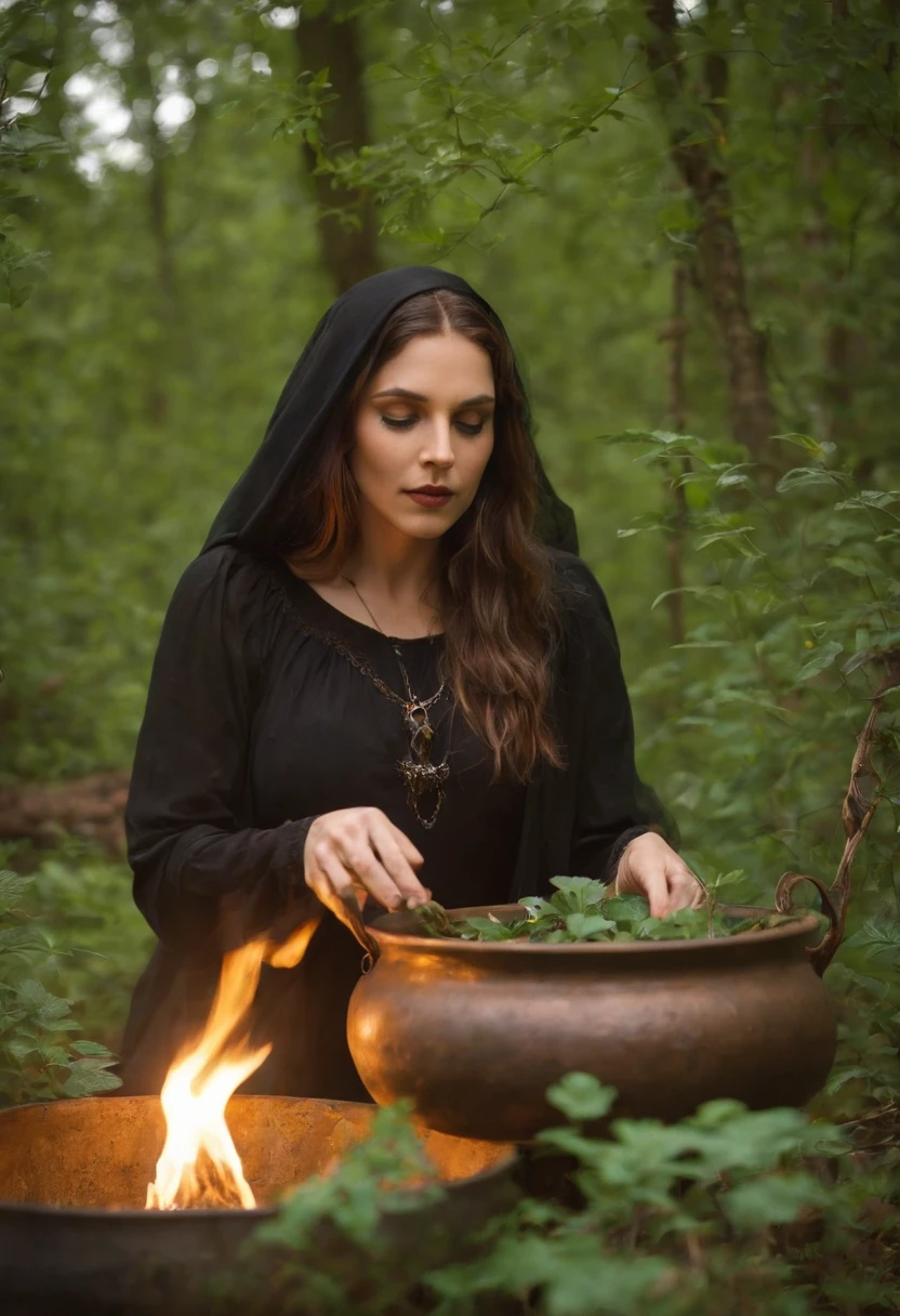 Em uma noite de lua cheia, in a sacred space surrounded by elements of nature, a Wiccan witch stands in front of a cast-iron cauldron. Ela veste um manto longo e fluido, adorned with symbols of nature and the moon. over the head, She wears a hat with a wide brim that resembles the leaves of a tree. The witch's hair is long and intertwined with flowers and herbs, giving it an air of connection with nature. in her hands, ela segura uma varinha entalhada, trabalhada com elementos da terra e da lua. Com movimentos graciosos e cerimoniais, She waves her wand over the cauldron. Inside the cauldron, A mixture of herbs and liquids emanates a soft green and silvery light, Creating a magical aura around the witch. The light of the full moon shines brightly through the leaves of the trees, casting shadow patterns in the clearing. The air is imbued with the scent of fresh herbs and wildflowers, while the atmosphere resonates with a sense of peace and connection with nature. This is the image of a Wiccan witch, em sintonia com a energia da lua cheia, Performing a spell with a cauldron. I hope this description helps create a vivid picture in your mind!