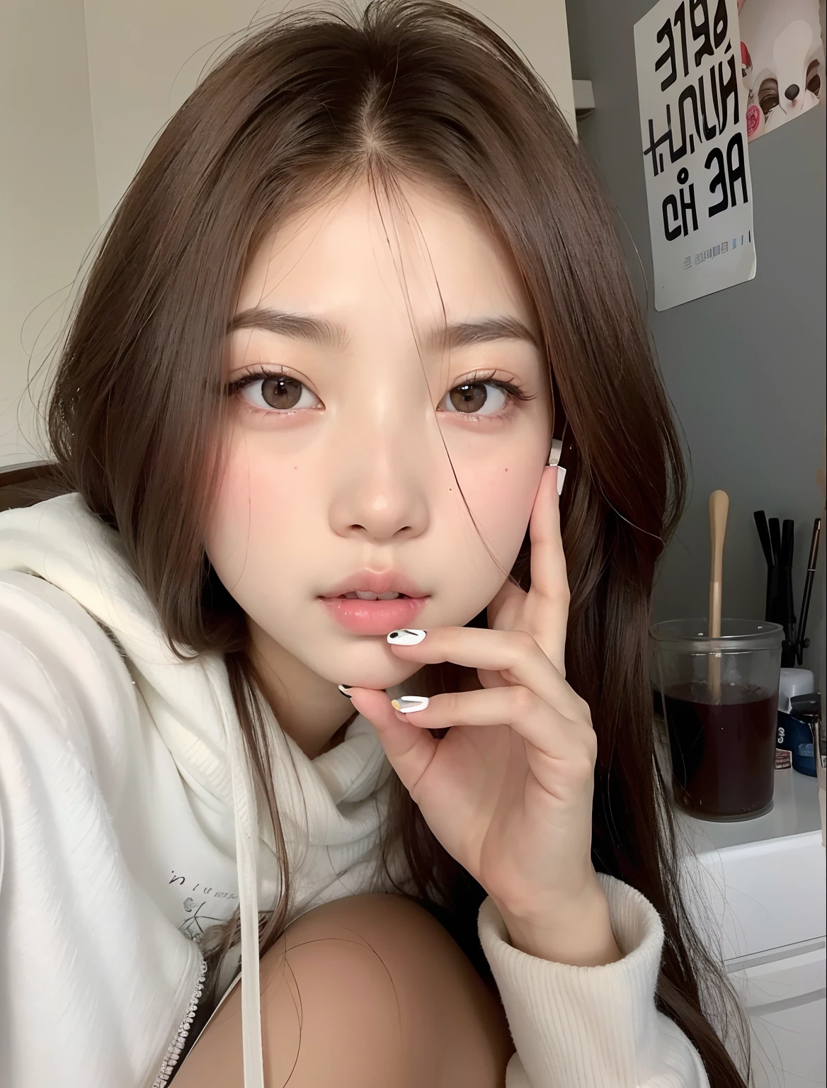 There's a woman with a cell phone to her ear, Ulzzang, maquiagem sul-coreana popular, maquiagem coreana popular, com cabelos longos e olhos penetrantes, beautiful aesthetic face, Jinyoung Canela, wan adorable korean face, pale porcelain white skin, Jaeyeon Nam, Retrato de Jossi de Blackpink, menina coreana, young adorable korean face, pale round face, pale glowing skin