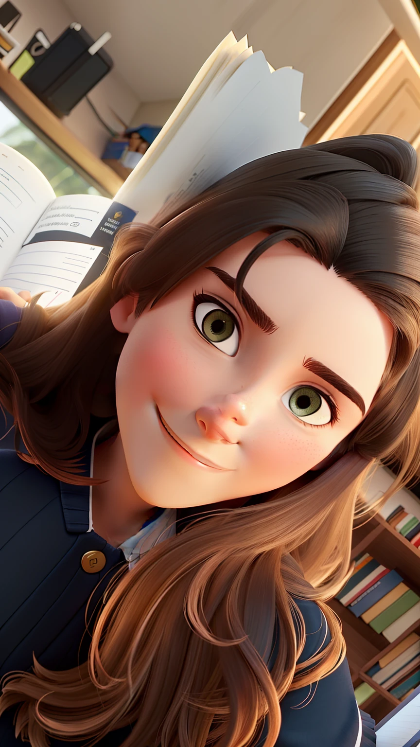 Uma bela jovem de cabelo longo cacheado, sentada lendo um livro na varanda