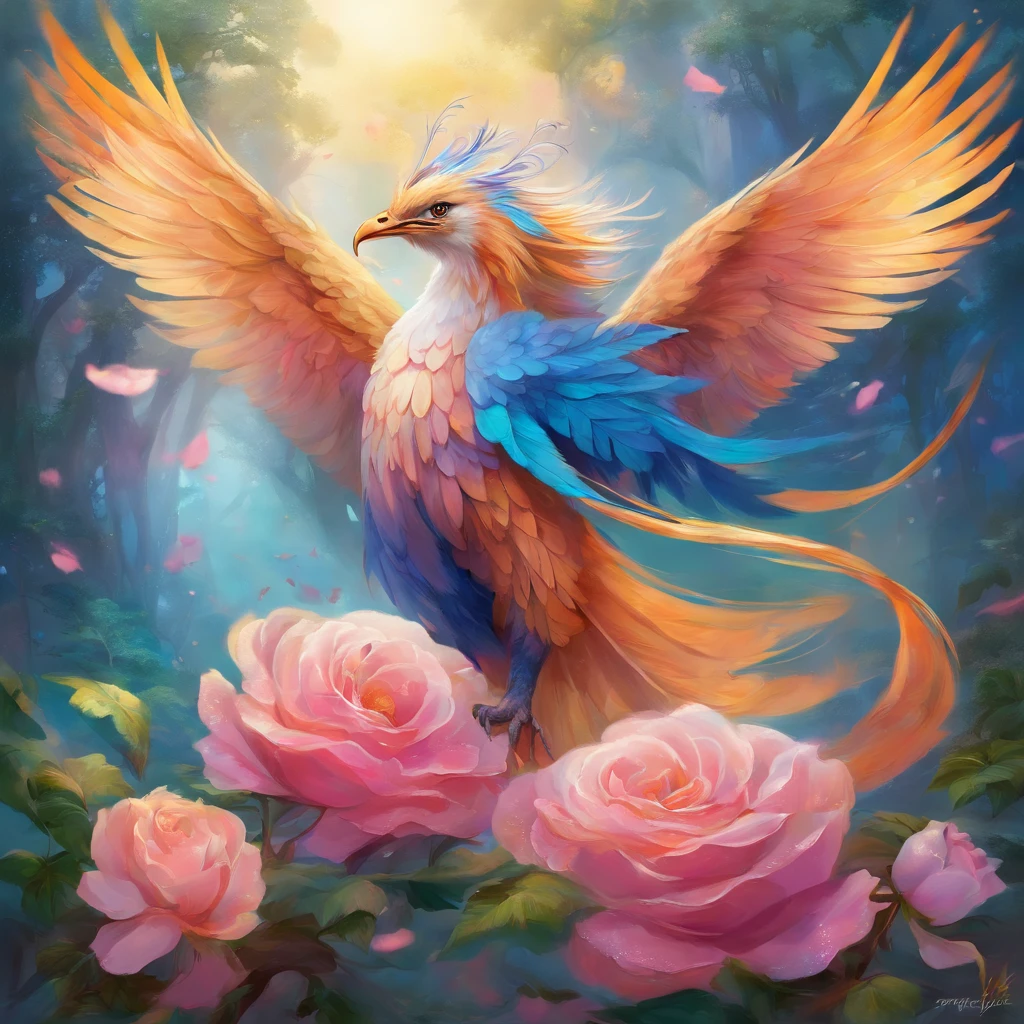 (best quality, highres, realistic:1.37), (oil painting), a blue phoenix (detailed wings, majestic feathers:1.1) rising from the ashes (flames:0.9), (vivid colors) in the background. The phoenix is perched on top of a vibrant pink rose (delicate petals, intricate details), its slender body radiating with (golden light, ethereal glow). As it takes flight, the (soft breeze, gentle wind) gracefully lifts its feathers, creating a magnificent (movement, dynamic) effect. The scene is filled with (lush greenery, blooming flowers:1.1) and (light rays piercing through the foliage, creating dappled light). The overall atmosphere is (mystical, enchanting), with a harmonious blend of vibrant blue, pink, and gold tones.