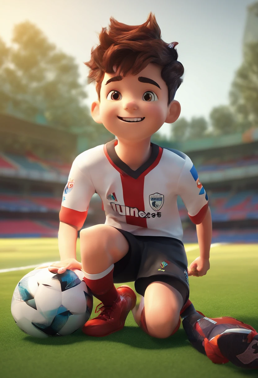 (best quality,Realistic:1.37),menino com um sorriso alegre,cabelo curto e encaracolado em um uniforme de futebol preto branco,Holding a ball under his arm on a soccer field,grama,clear sky,atmosfera alegre,cores vibrantes,foco nítido,sombras e realces,Retratos,studio lighting,Emphasizing the boy's face and expression,textura,high resolution,profissional,Bokeh